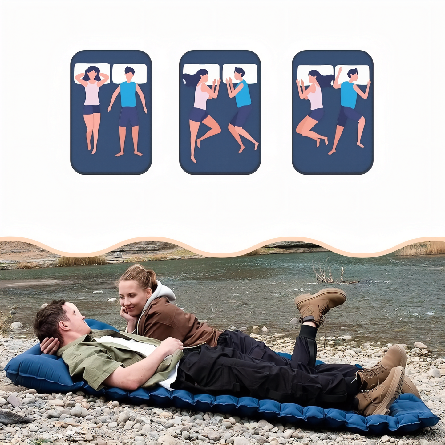 Matelas Gonflable Randonnée 2 Personnes Avec Coussin mise en situation extérieure - Bleu Marine - Bleu Ciel - Marron Clair - Vert Olive
