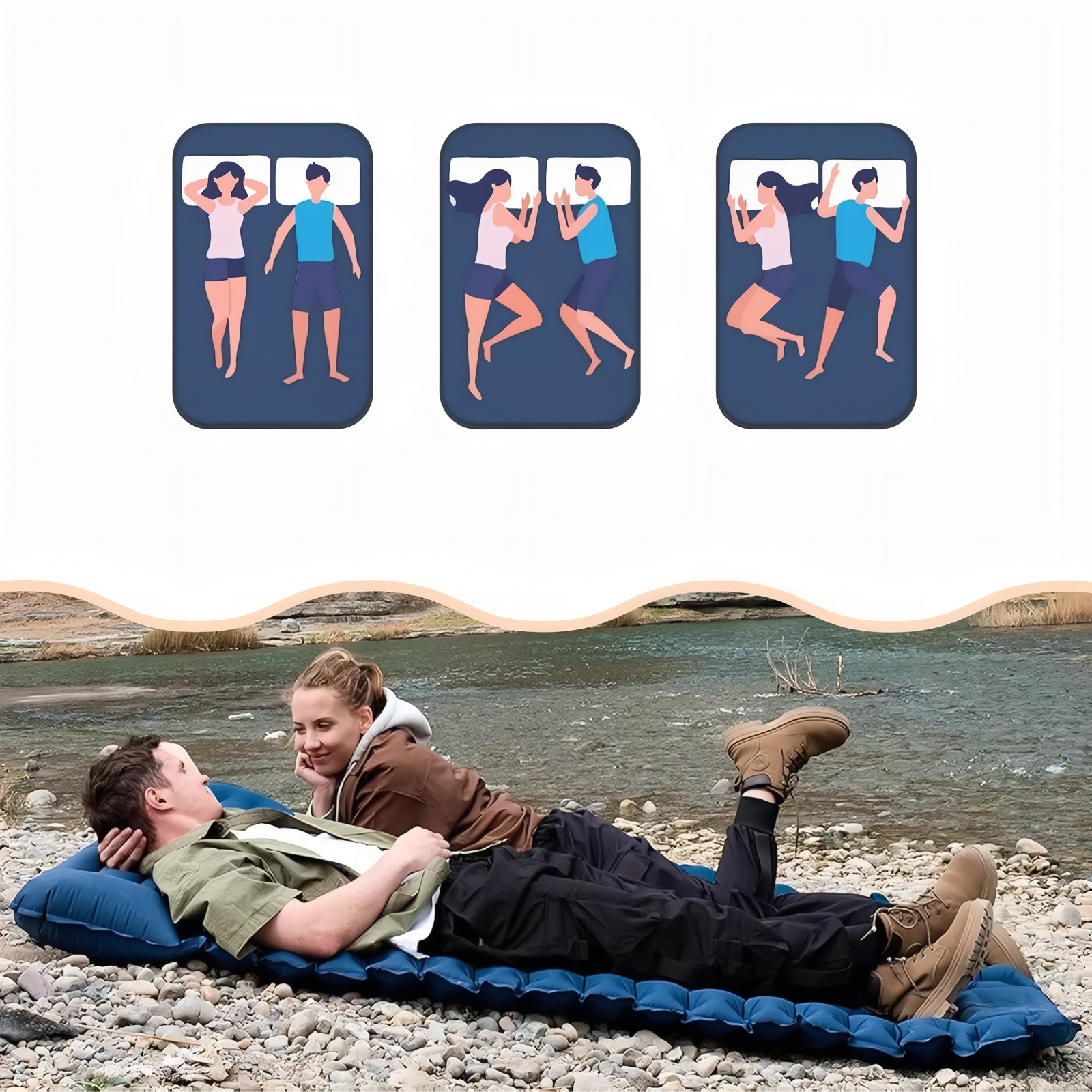 Matelas Gonflable Randonnée 2 Personnes Avec Coussin mise en situation extérieure - Bleu Marine - Bleu Ciel - Marron Clair - Vert Olive