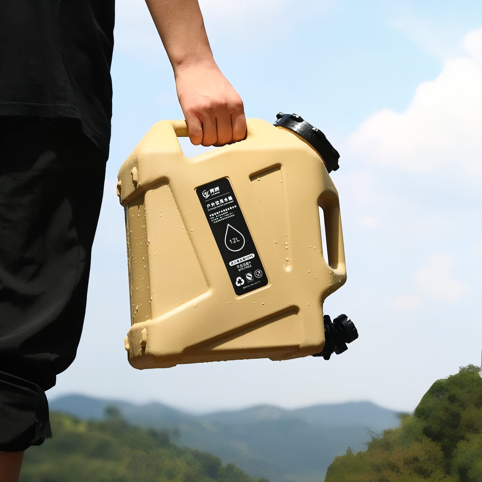 Jerrican Eau Camping 12L portée à la main - Vert Olive - Beige Clair - Noir Mat
