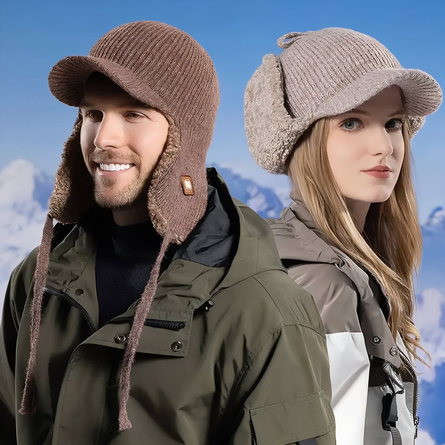 Bonnet Bombardier deux personnes portant - Beige - Marron Clair - Noir Ébène - Crème