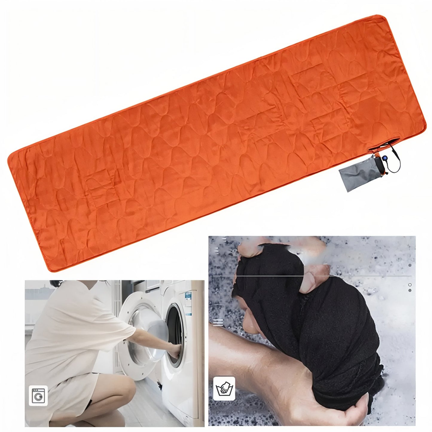 Tapis Chauffant Camping USB mise en situation lavage - Noir - Gris Anthracite - Orange Fluo