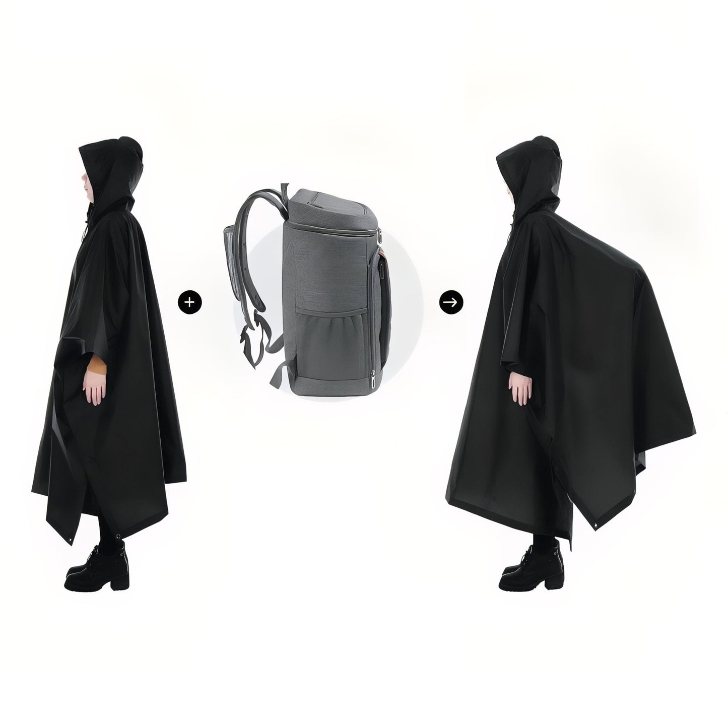 Poncho Imperméable de Randonnée portée sur le côté - Noir - Vert Camouflage - Gris Foncé