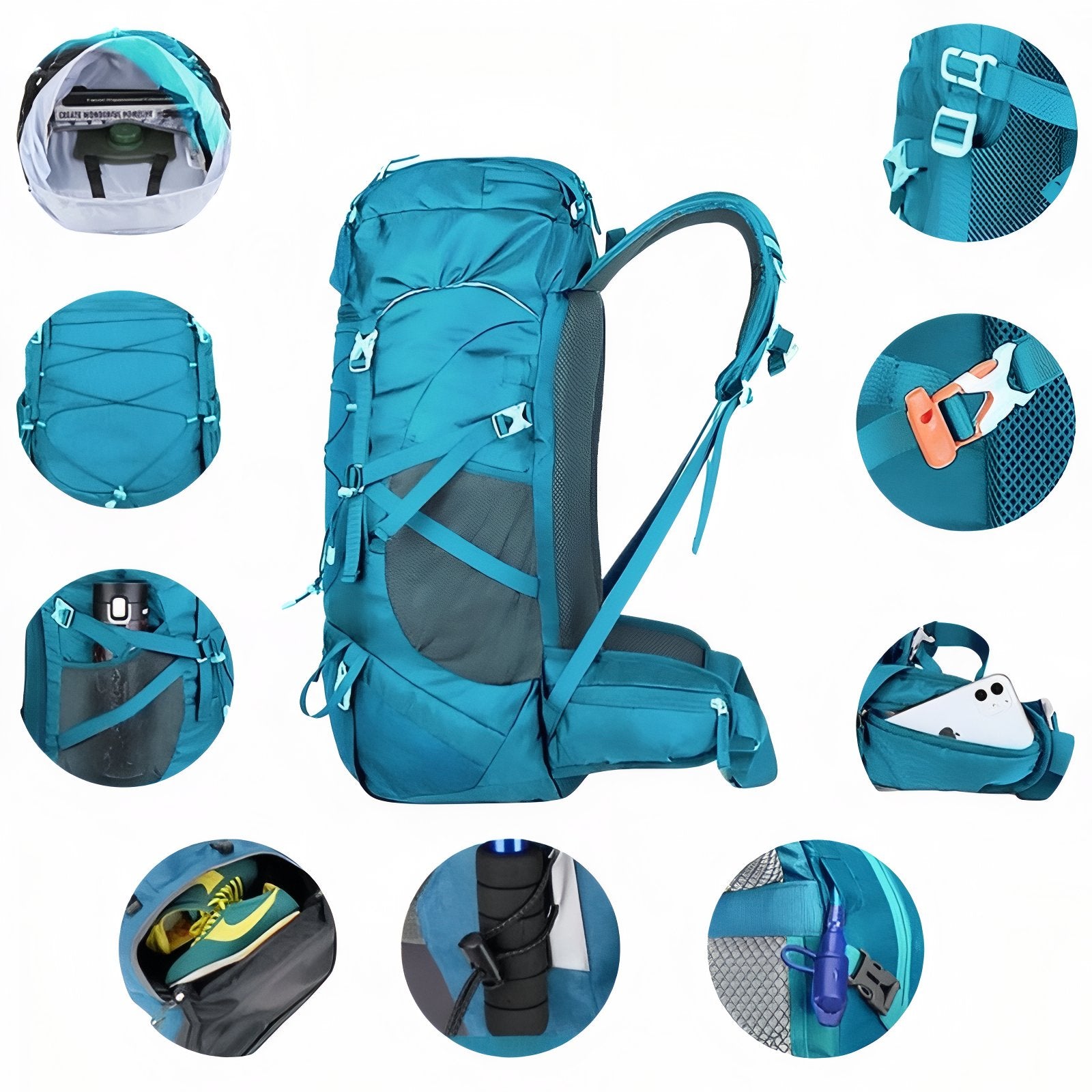 Sac Randonnée Multipoches 50l détails des poches - Turquoise - Vert Armée - Bleu - Noir - Rouge