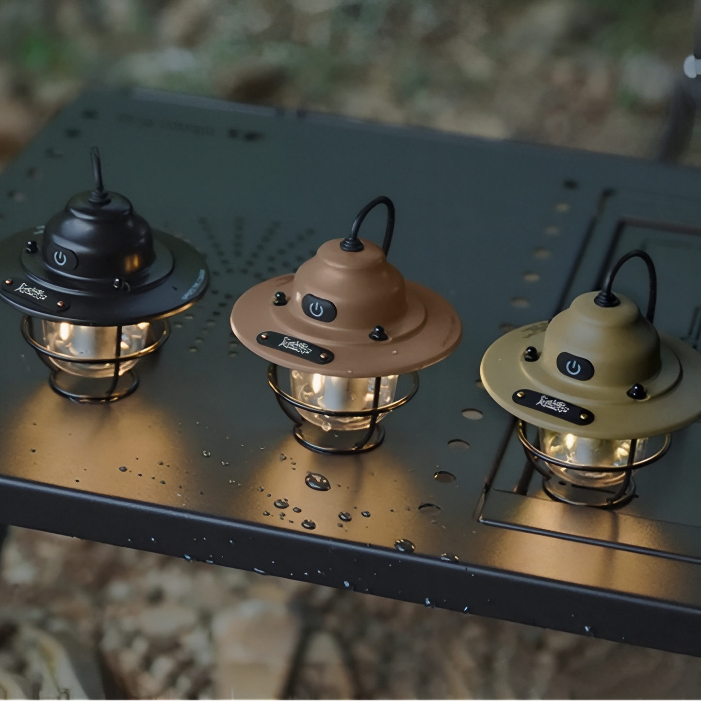 Lanterne Portable Rechargeable trois lanternes alignées - Noir - Vert Olive - Marron