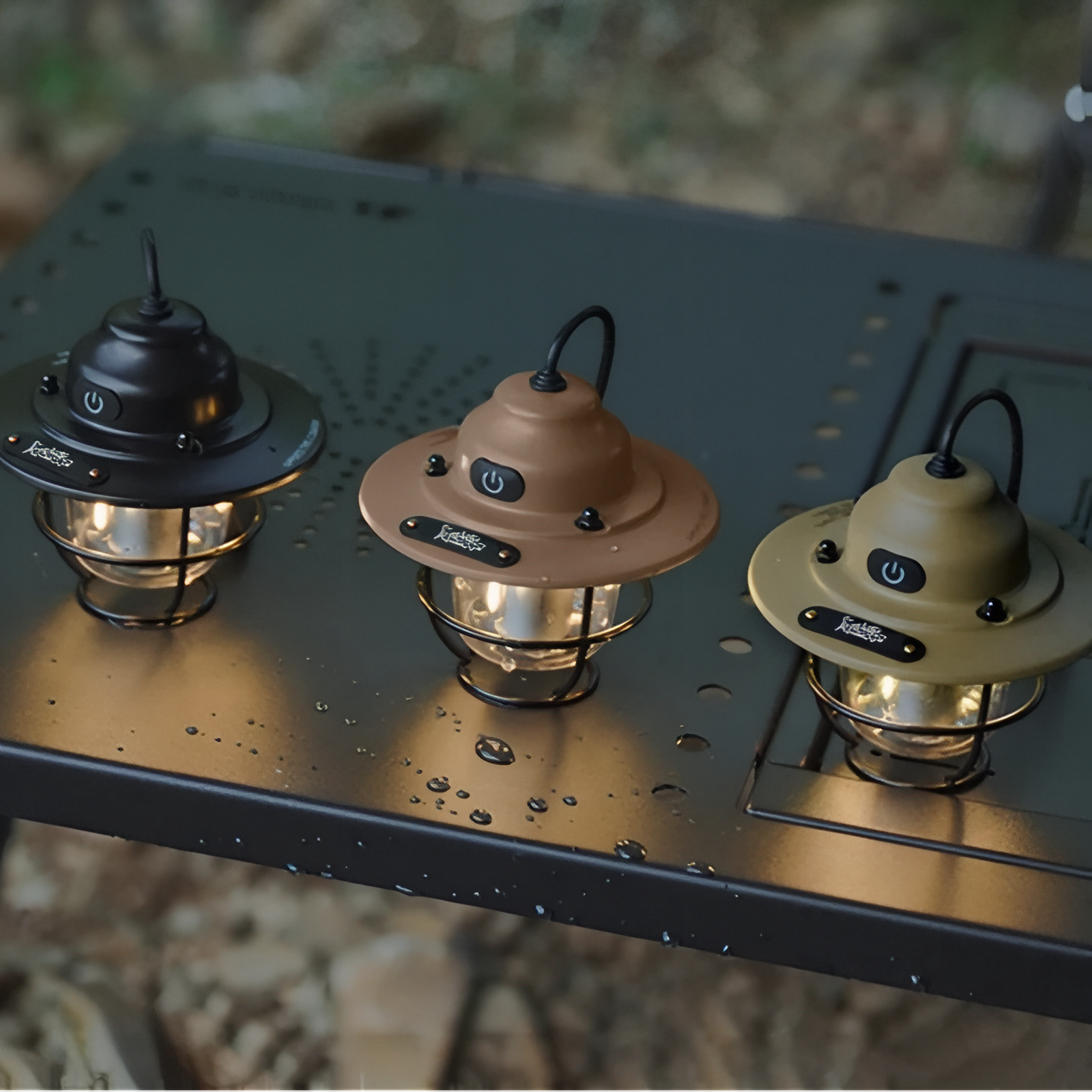 Lanterne Portable Rechargeable trois lanternes alignées - Noir - Vert Olive - Marron