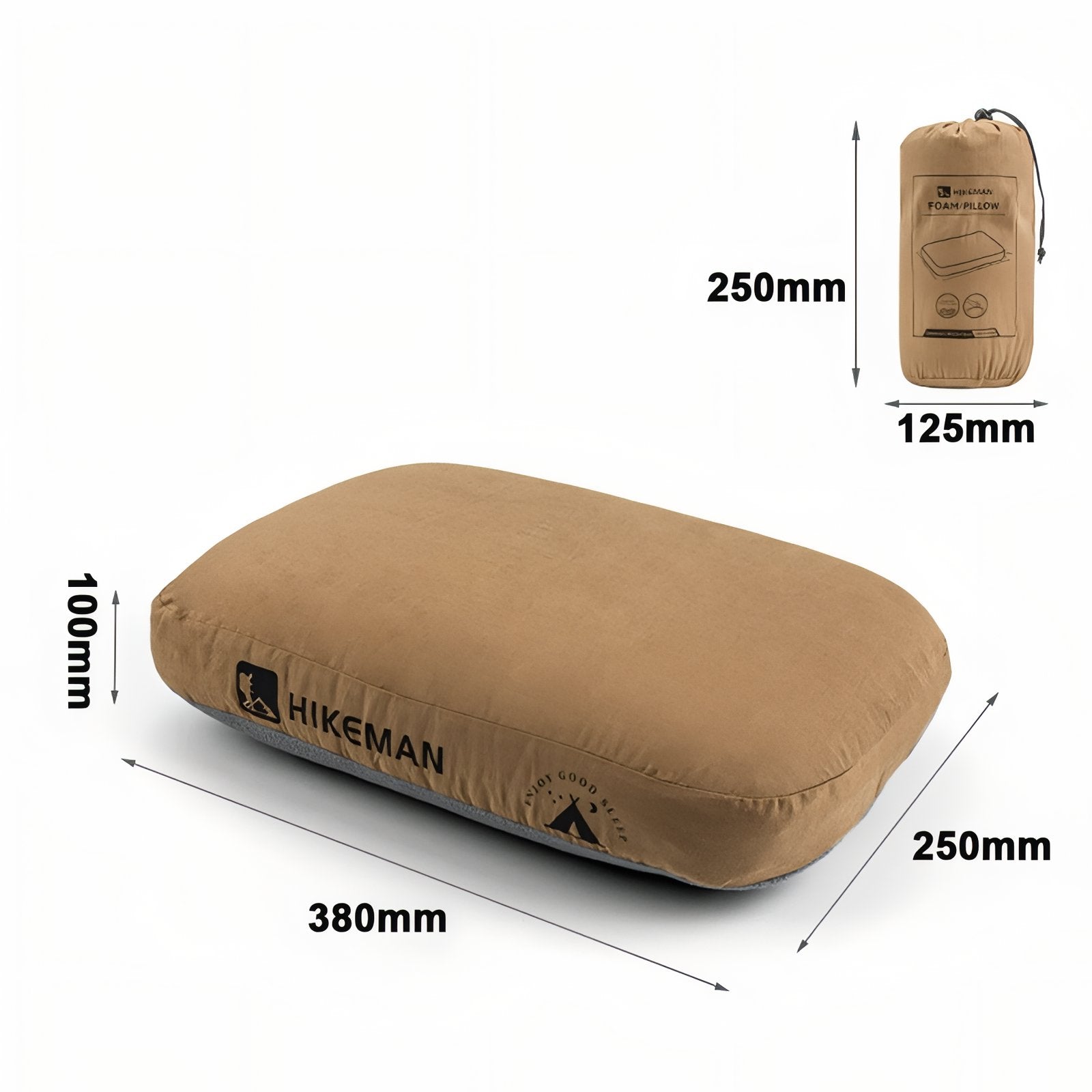 Coussin Ergonomique pour Bivouac guide des dimensions - Marron Clair - Vert Sauge