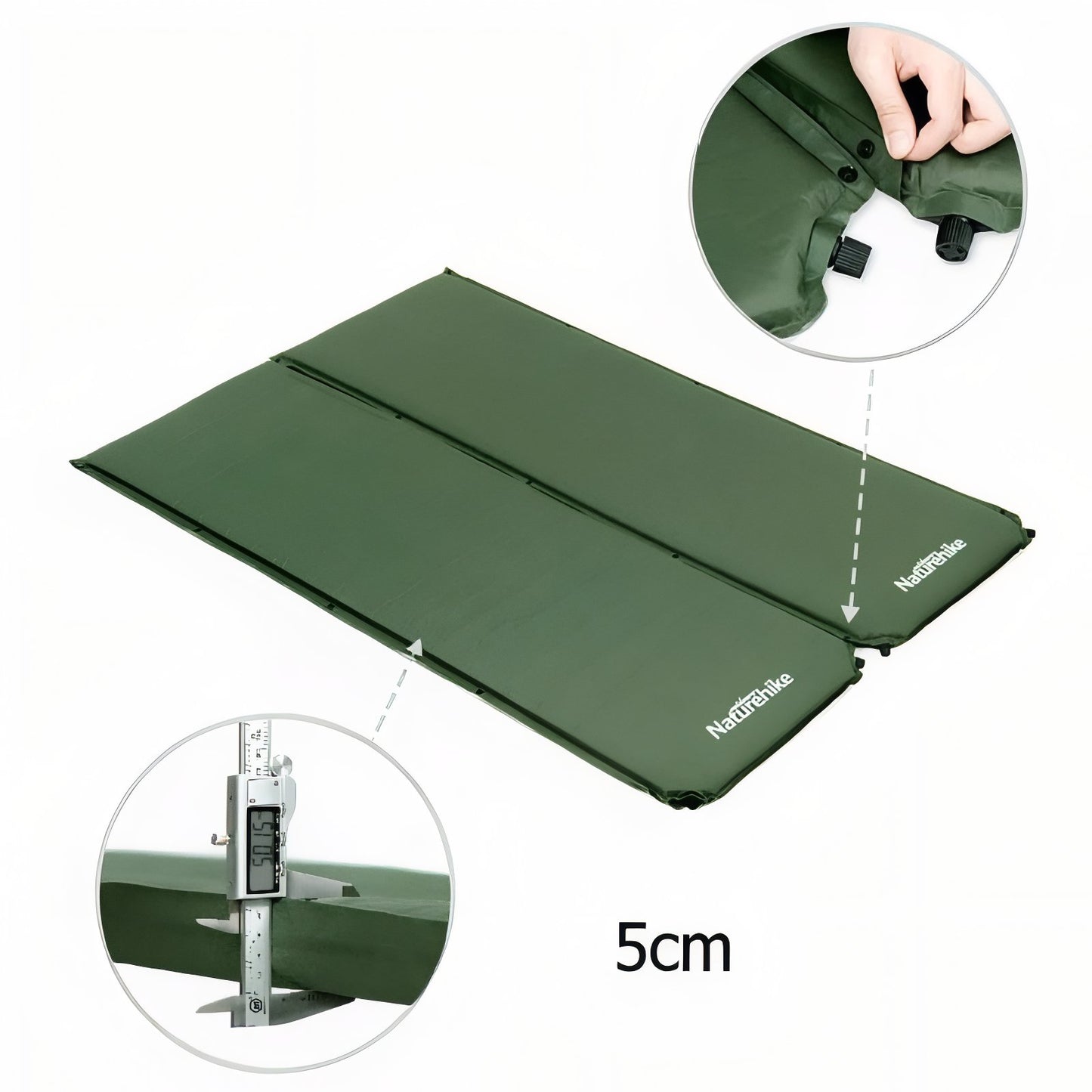 Matelas De Camping Autogonflant 1 Personne gros plan fermeture zippée - Vert Foncé - Gris Foncé - Beige Clair