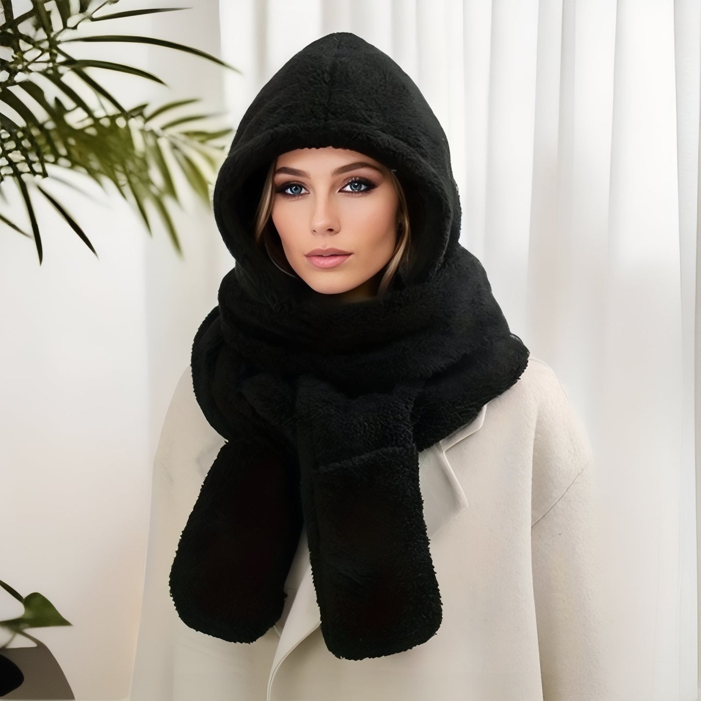 Capuche Echarpe Polaire Femme portée par modèle - Noir