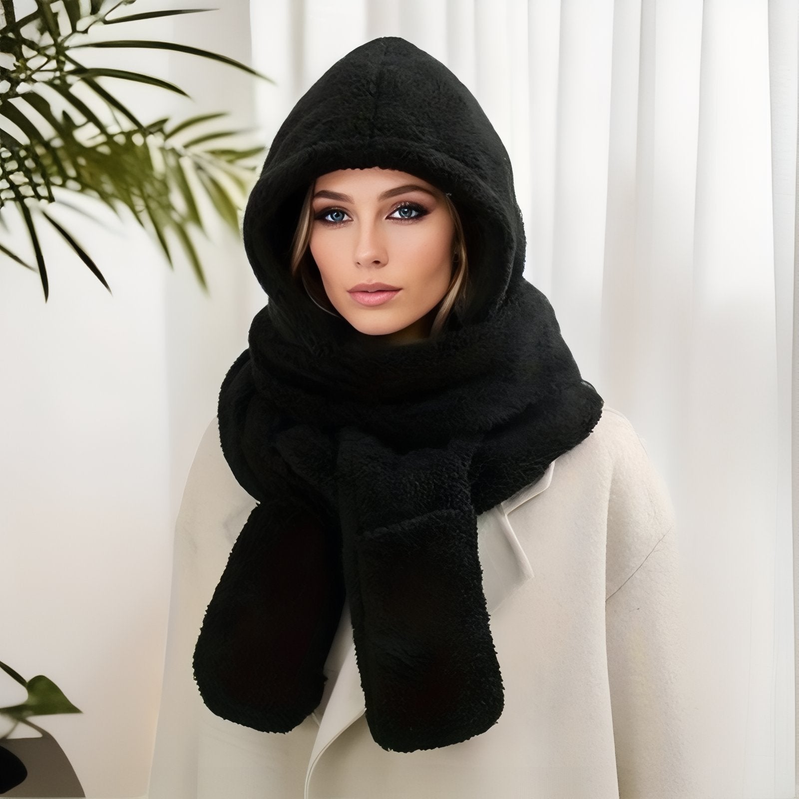 Capuche Echarpe Polaire Femme portée par modèle - Noir