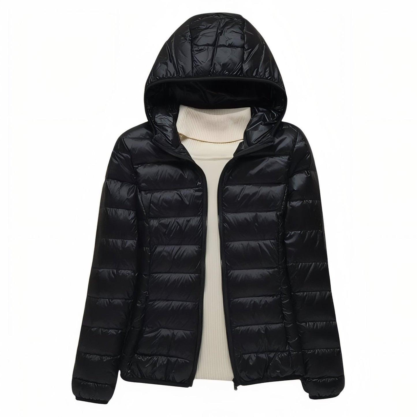 Doudoune Randonnée Compressible Femme vue avant avec capuche - Noir