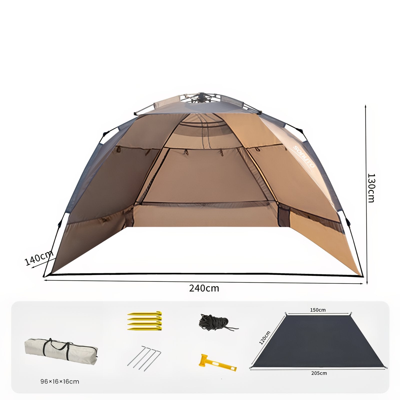 Tente Abris Soleil 4 Personnes guide des dimensions - Noir Mat - Beige Clair