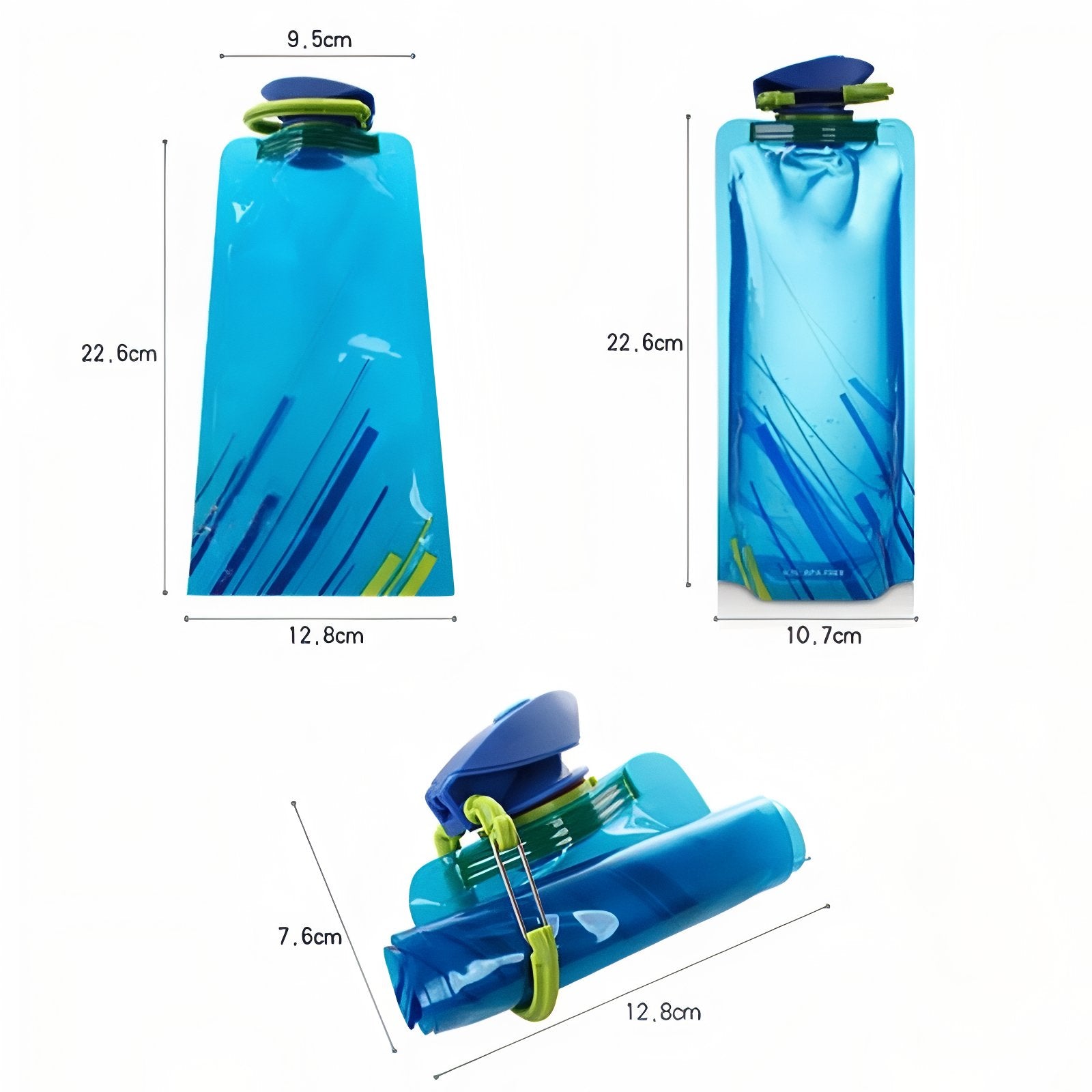 Gourde Pliante 700ml guide des dimensions - Bleu Ciel - Noir - Blanc