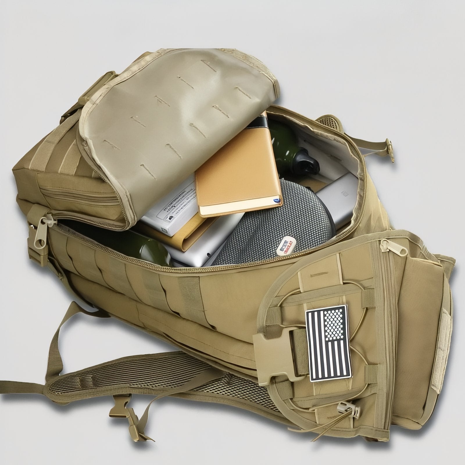 Sac à Dos Militaire 40 Litres compartiment ouvert - Vert Olive - Beige Sable - Noir - Gris