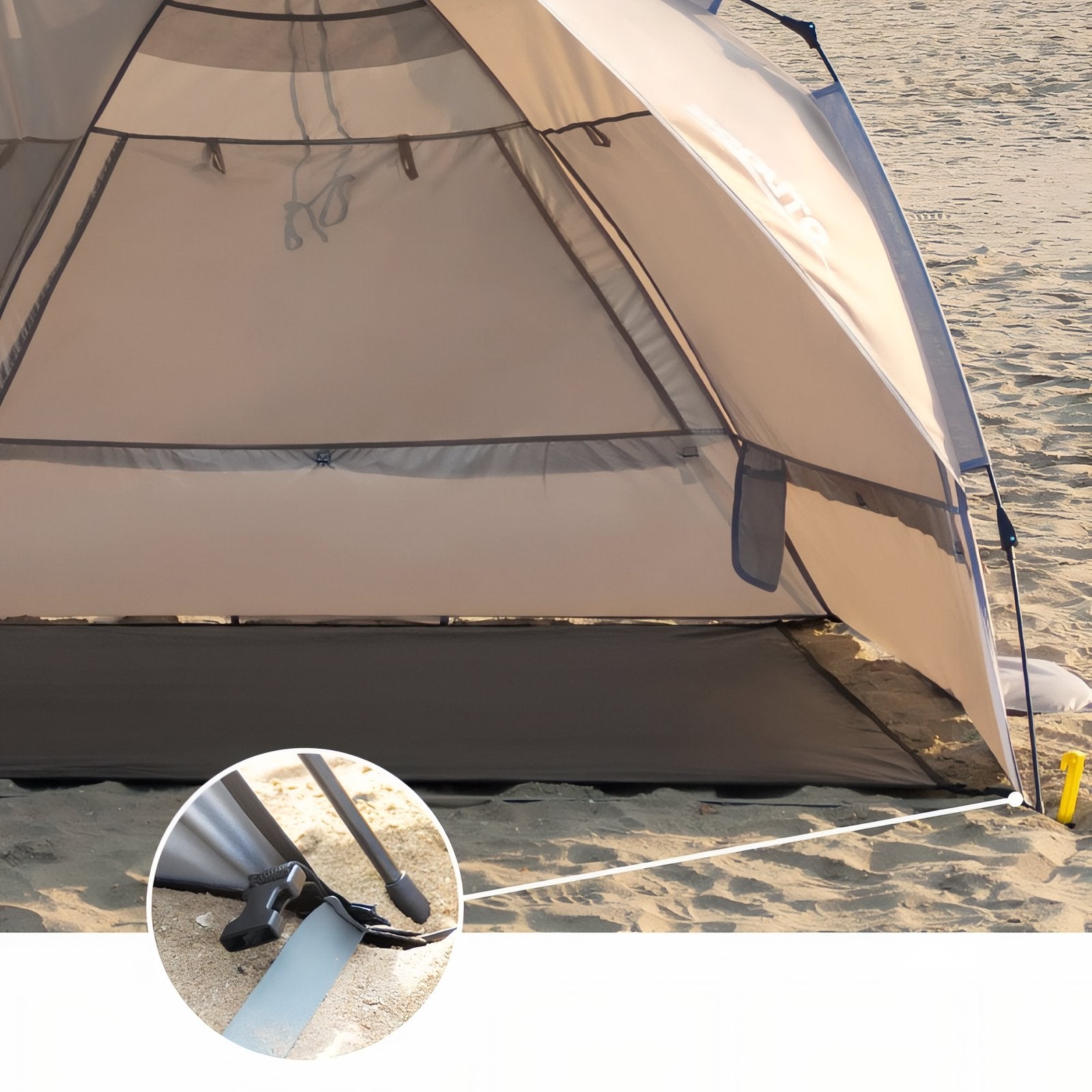 Tente Abris Soleil 4 Personnes gros plan fixation au sol - Noir Mat - Beige Clair