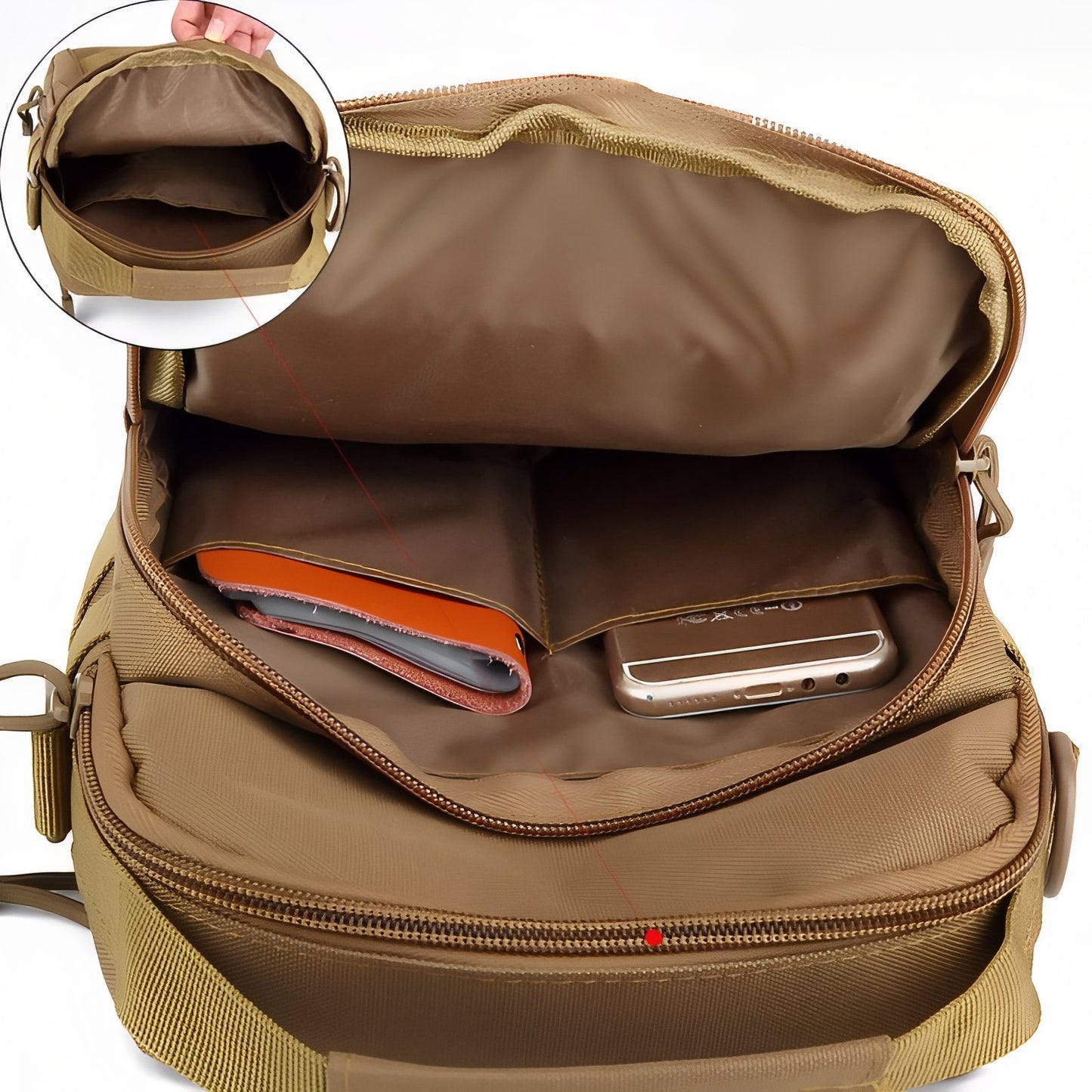 Sac Bandoulière Randonnée compartiment ouvert - Marron Foncé - Vert Olive - Noir Mat