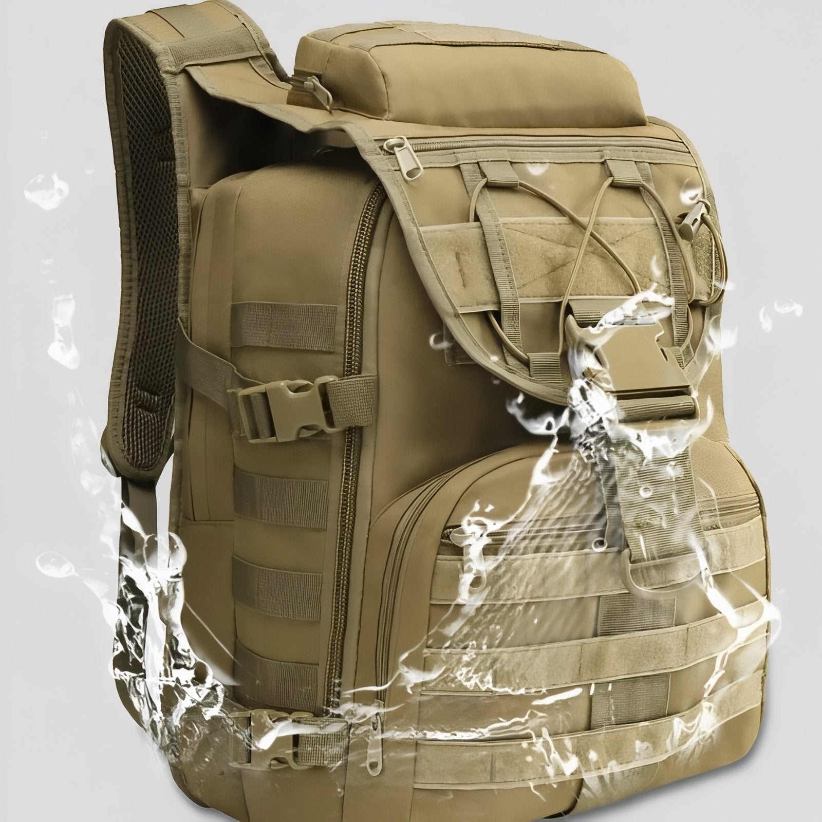 Sac à Dos Militaire 40 Litres gros plan sangle et fermeture - Vert Olive - Beige Sable - Noir - Gris