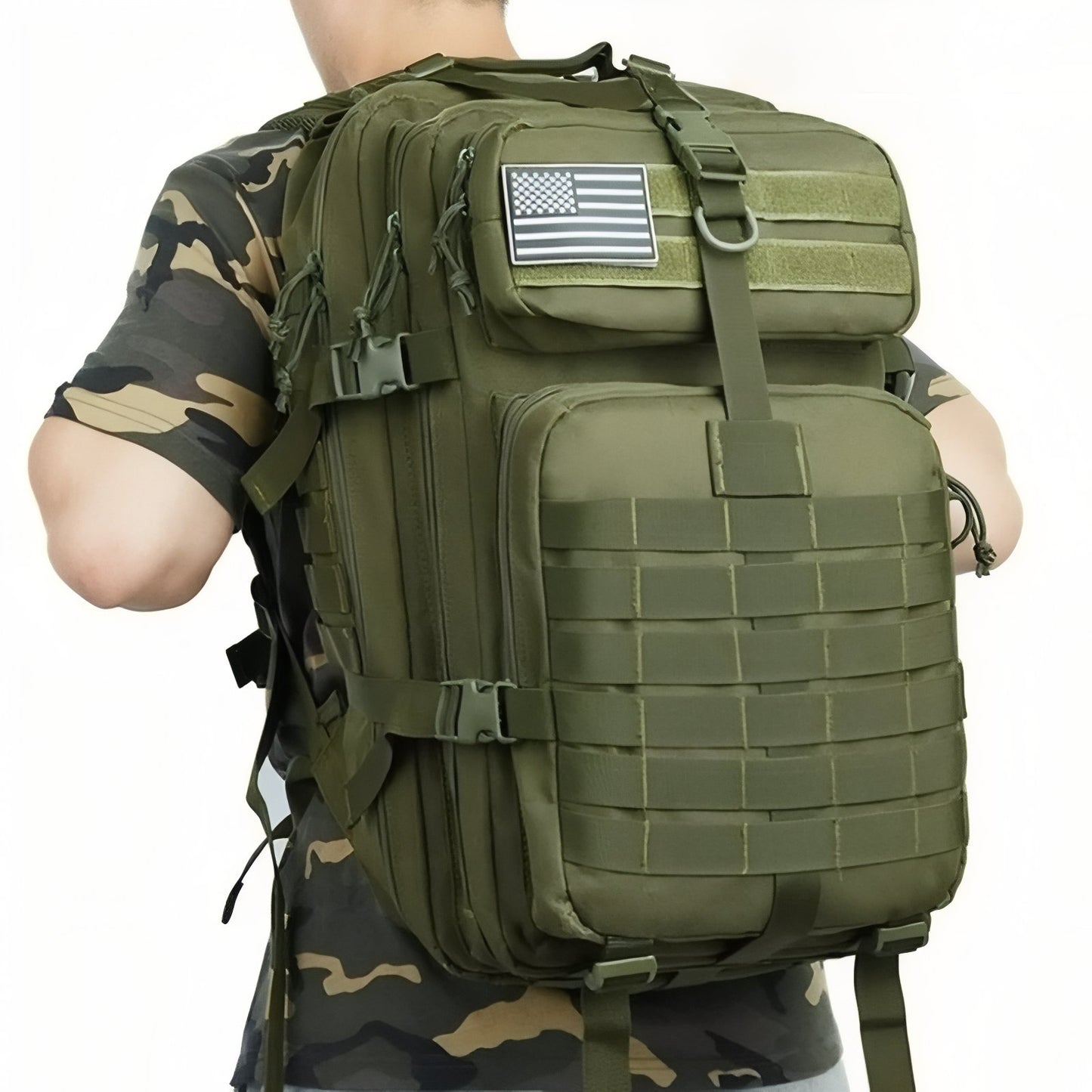 Sac à Dos Randonnée Militaire portée sur le dos - Beige - Noir - Vert