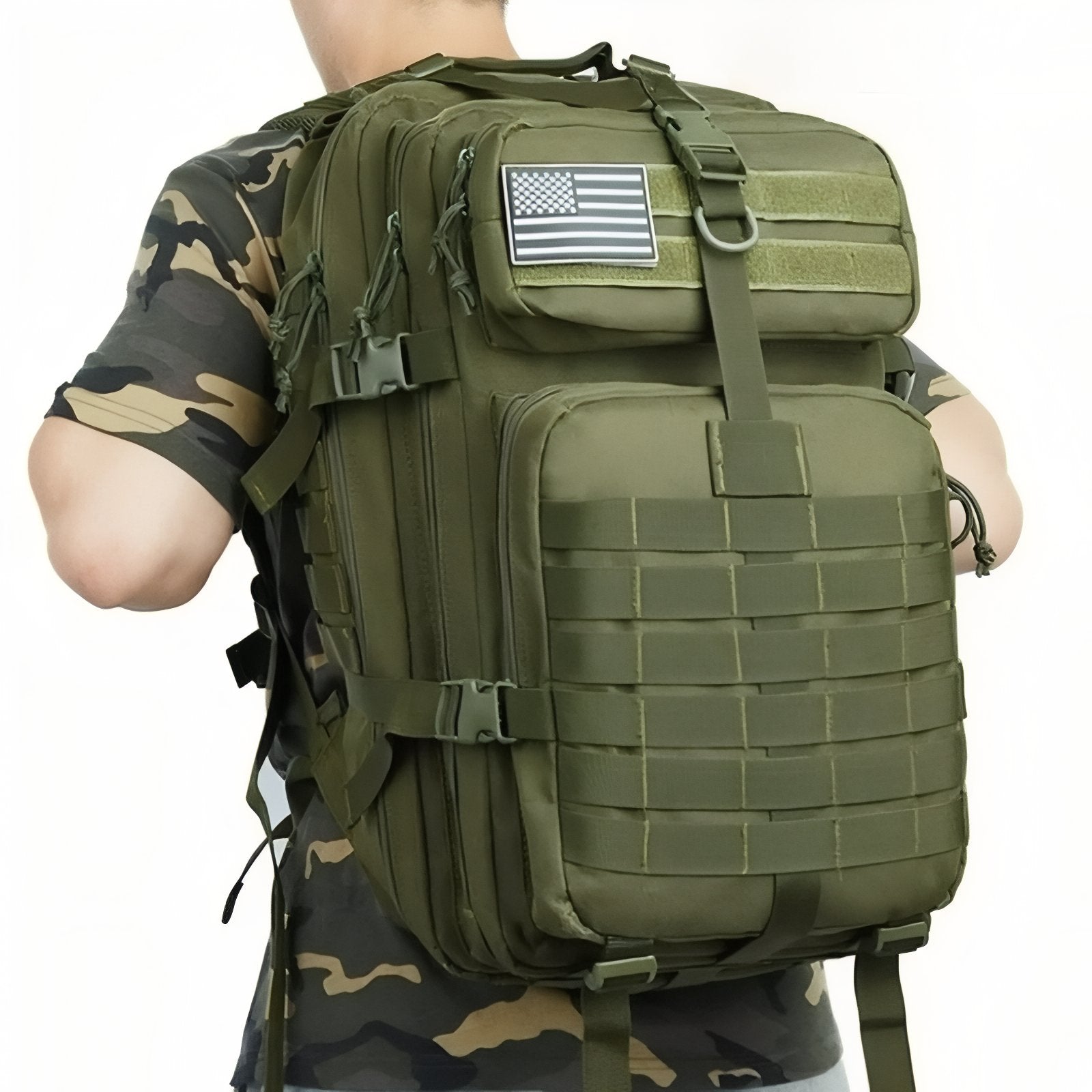 Sac à Dos Randonnée Militaire portée sur le dos - Beige - Noir - Vert