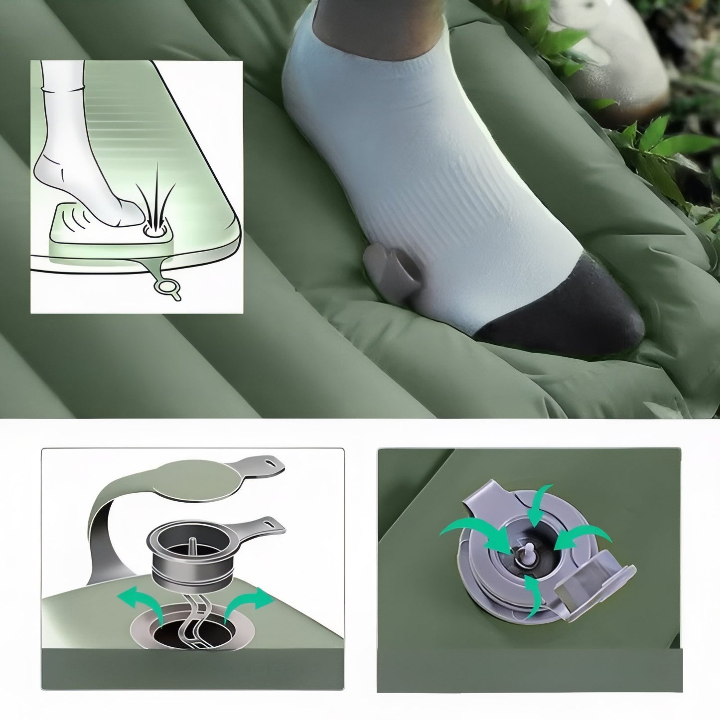 Matelas Camping Gonflable Confortable gros plan valve gonflage - Noir - Vert Foncé - Marron