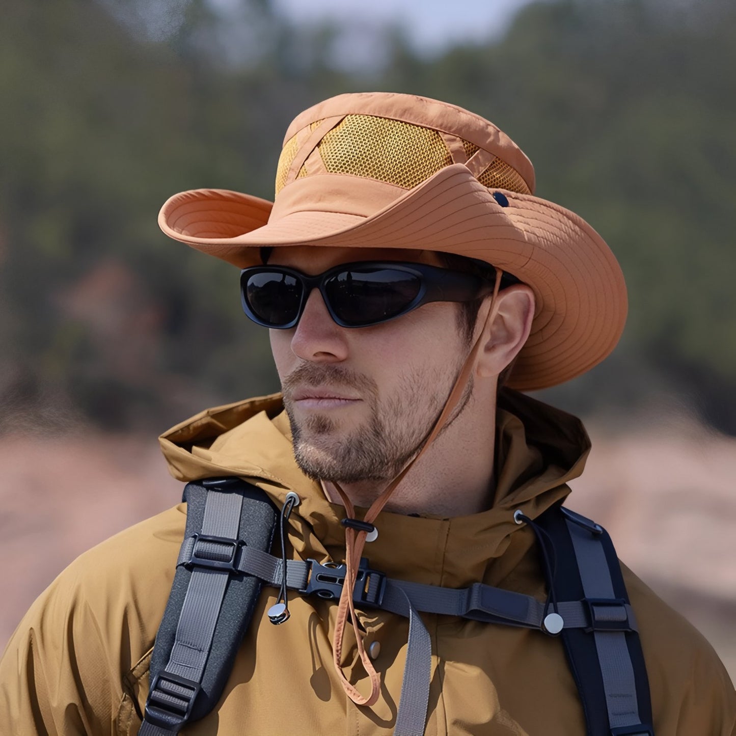 Chapeau de Randonnée Ventilé portée par un homme - Beige - Vert Clair - Bleu Marine - Orange - Noir - Marron - Gris - Vert Olive - Gris Foncé