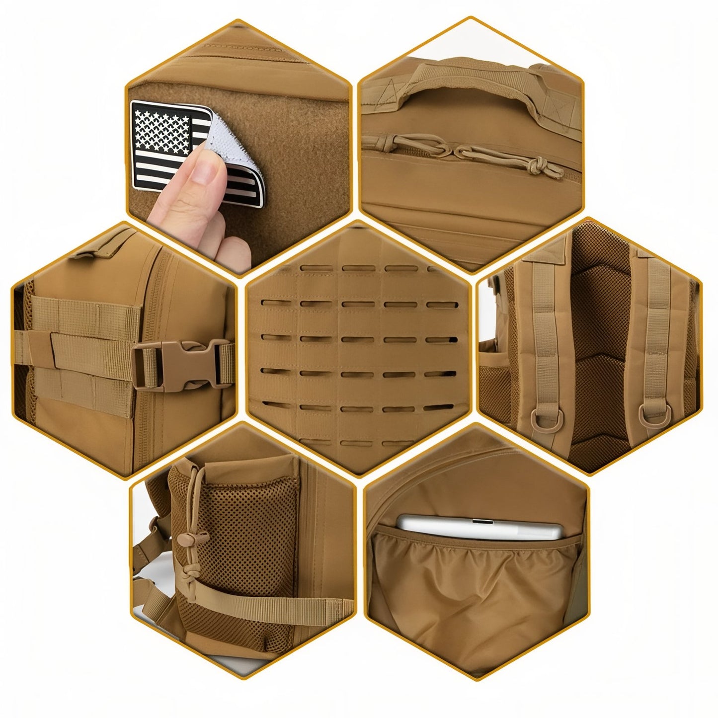 Sac à Dos Militaire Sable 25L gros plan détails sangle - Marron Foncé