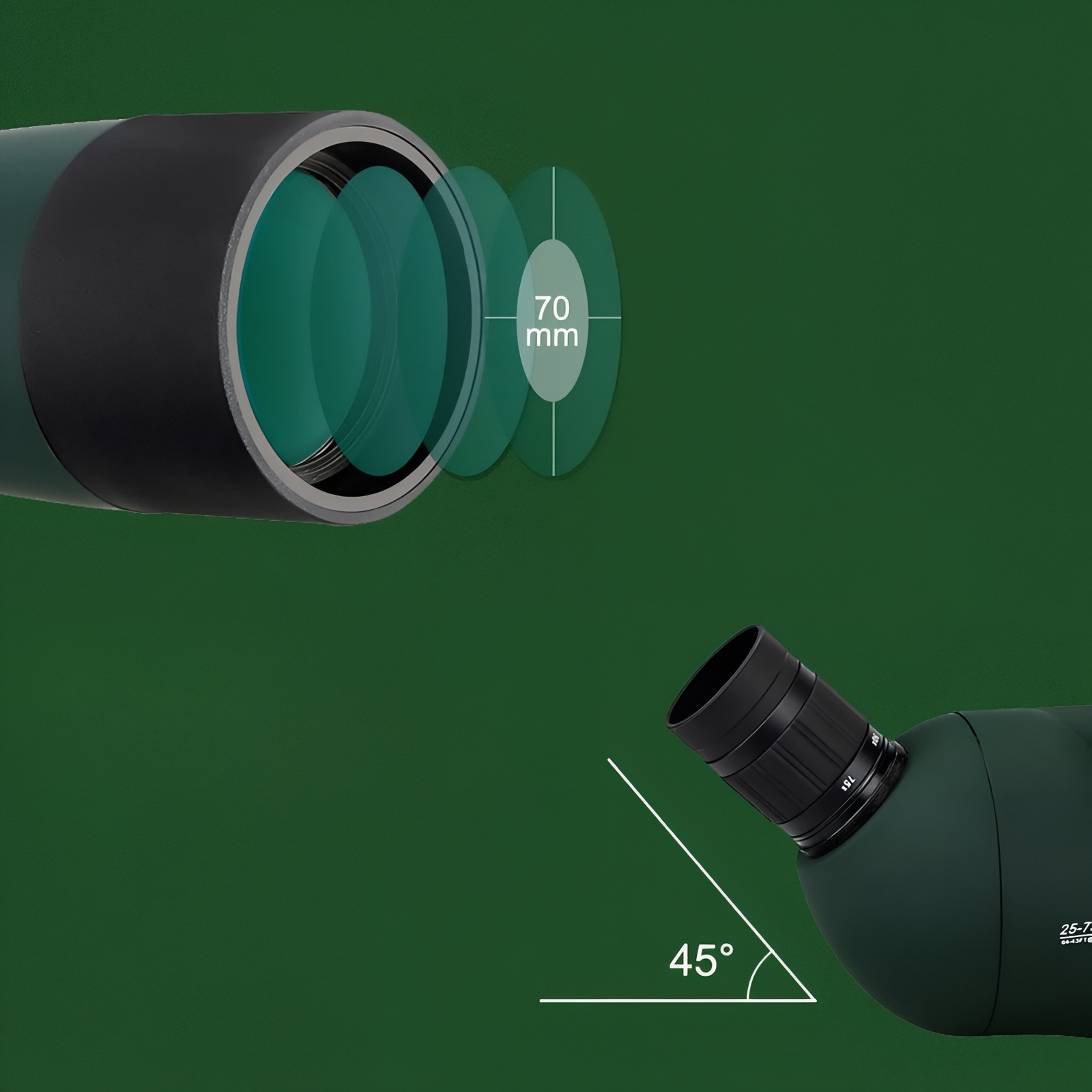 Longue Vue Randonnée détail optique angle - Noir 25-75x70 - Noir 25-75x70 avec Adaptateur - Vert 20-60X80 - Vert 20-60X80 avec Adaptateur - Vert 20-60X60 - Vert 20-60X60 avec Adaptateur - Vert 25-75x70 - Vert 25-75x70 avec Adaptateur - Vert 15-45X50