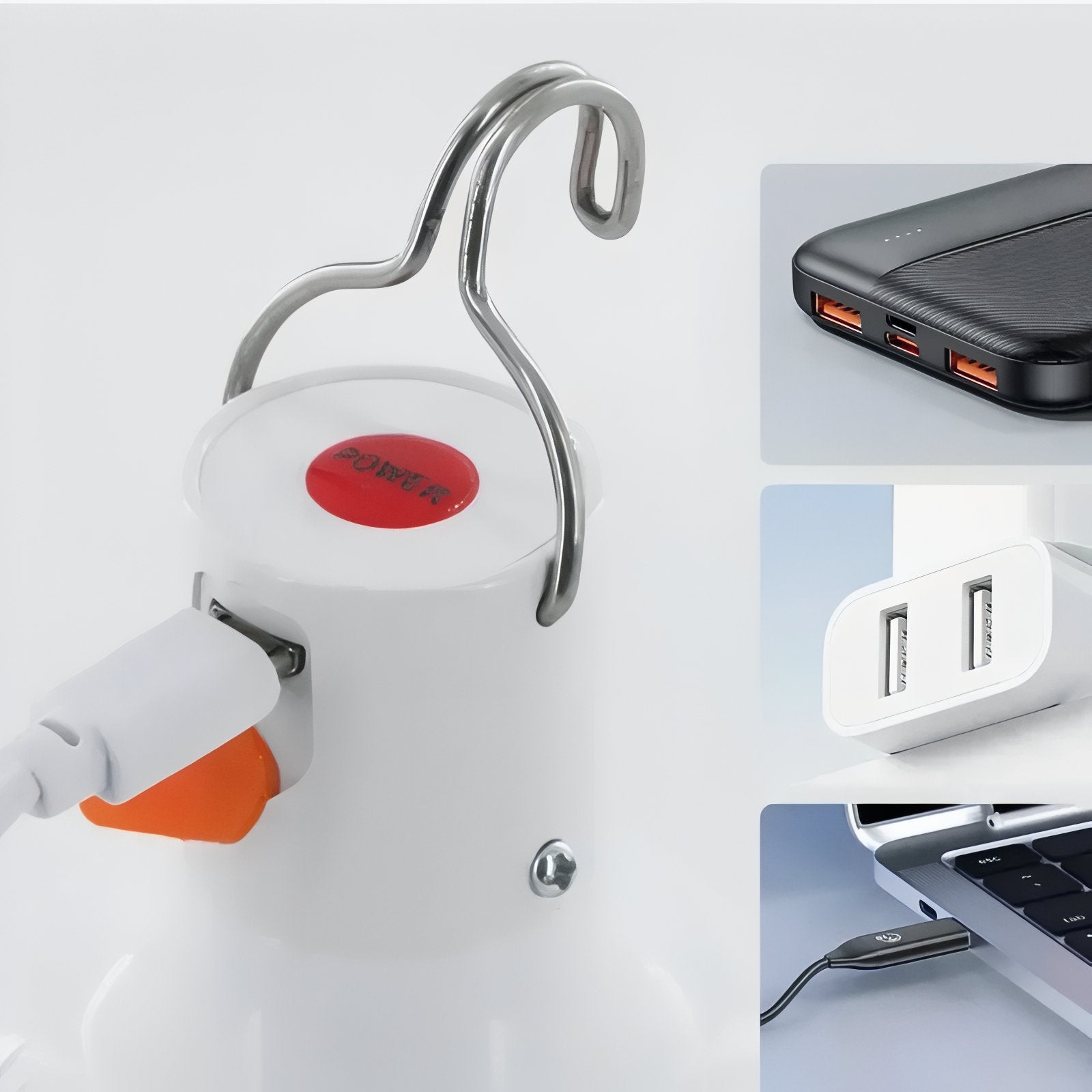 Lanterne Camping Rechargeable 60W gros plan prise de charge - 30W - 60W