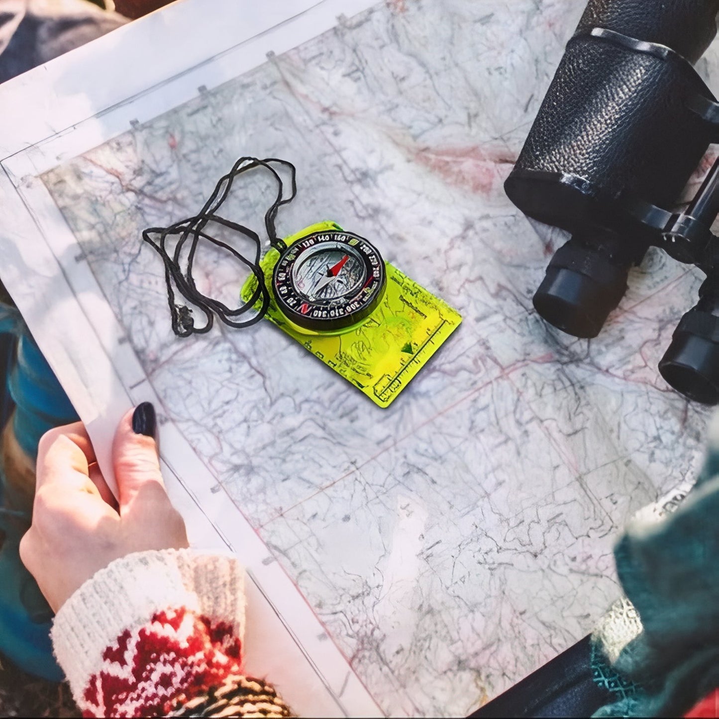Boussole Course D'Orientation mise en situation carte - Jaune Fluo - Orange Fluo - Bleu Fluo - Blanc