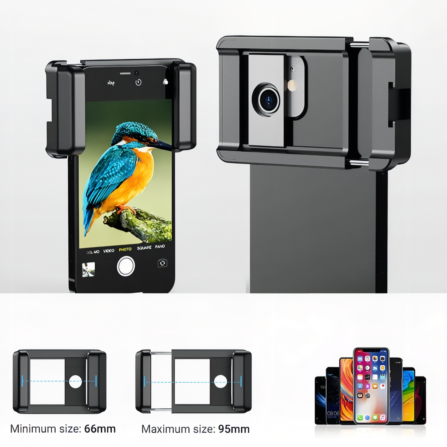 Téléobjectif Pour Smartphone 60X mise en situation smartphone - Téléobjectif 60x Seul - 60x avec Trépied - 60x avec Trépied et Commande à Distance