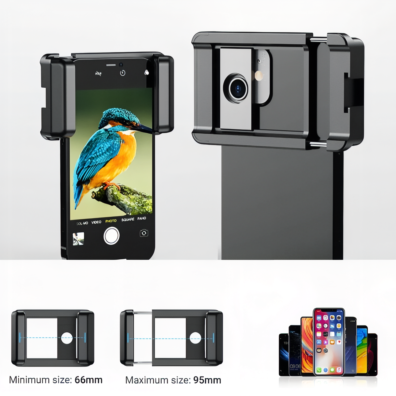 Téléobjectif Pour Smartphone 60X mise en situation smartphone - Téléobjectif 60x Seul - 60x avec Trépied - 60x avec Trépied et Commande à Distance