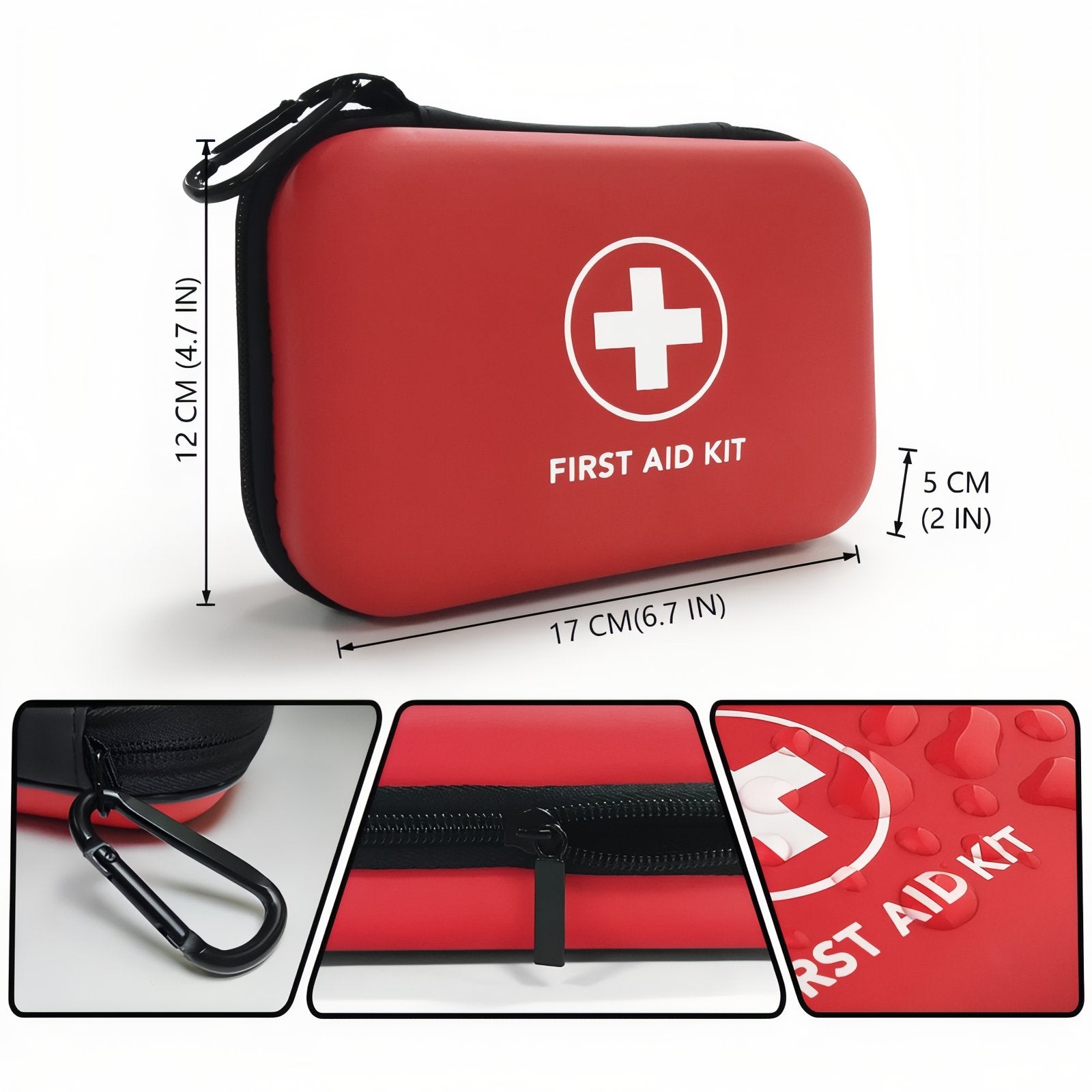 Trousse De Premier Secours Randonnée 92pcs gros plan fermeture zippée - Rouge Cerise - Noir et Rouge
