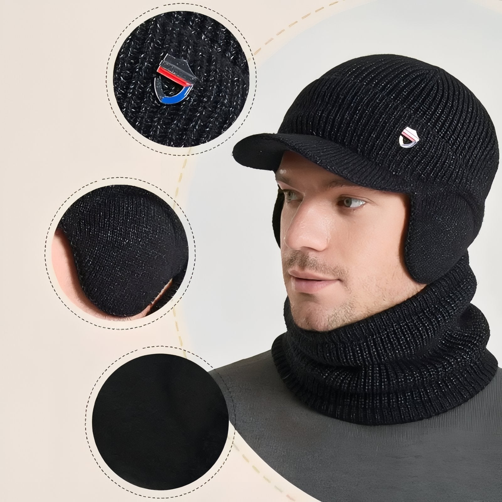 Casquette Cagoule Hiver Homme gros plan logo - Noir Tâcheté - Bleu - Bleu Marine - Noir Uni - Gris Foncé - Gris Clair - Beige