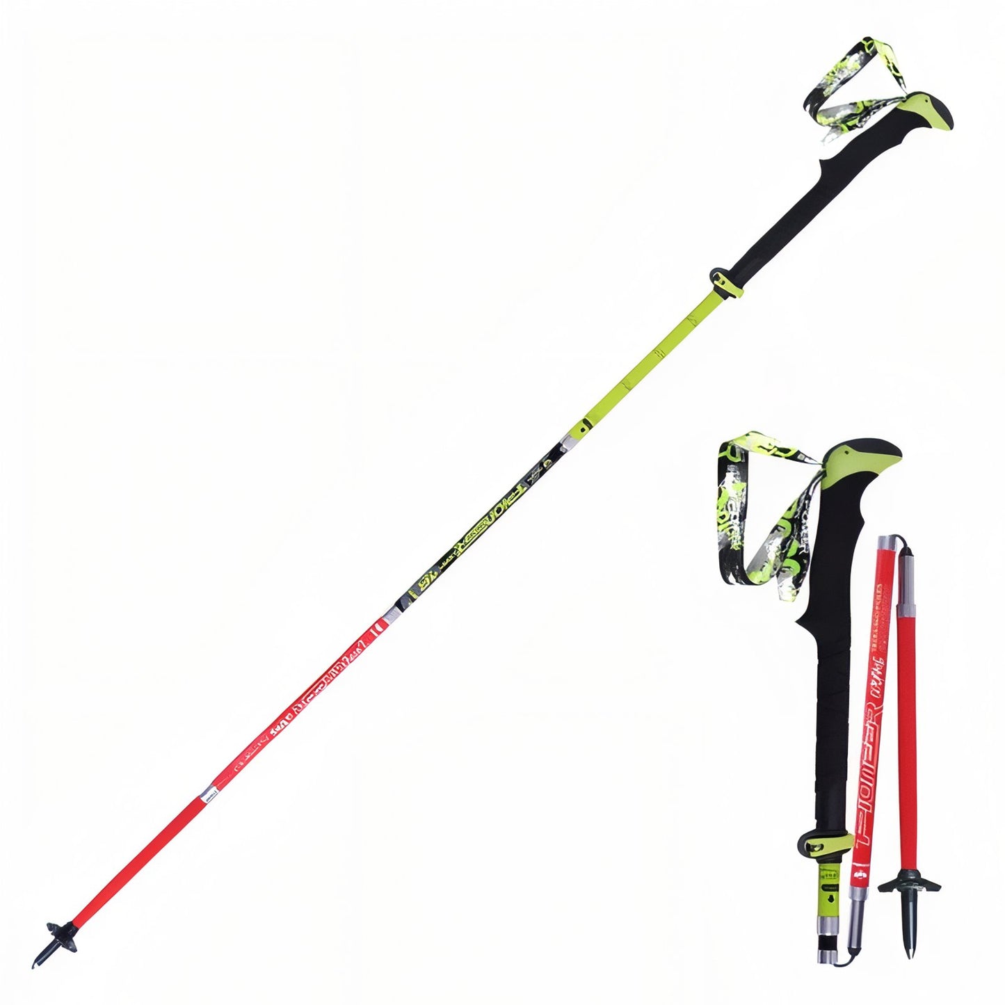 Bâton De Marche Carbone Pliable - Rouge et Vert Fluo