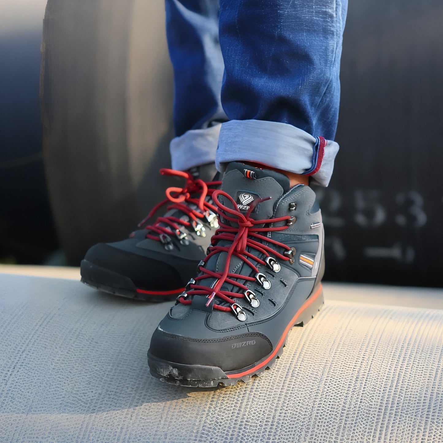 Chaussure Randonnée Montagne Homme portée au pied - Noir et Orange - Bleu Marine et Gris - Gris et Rouge
