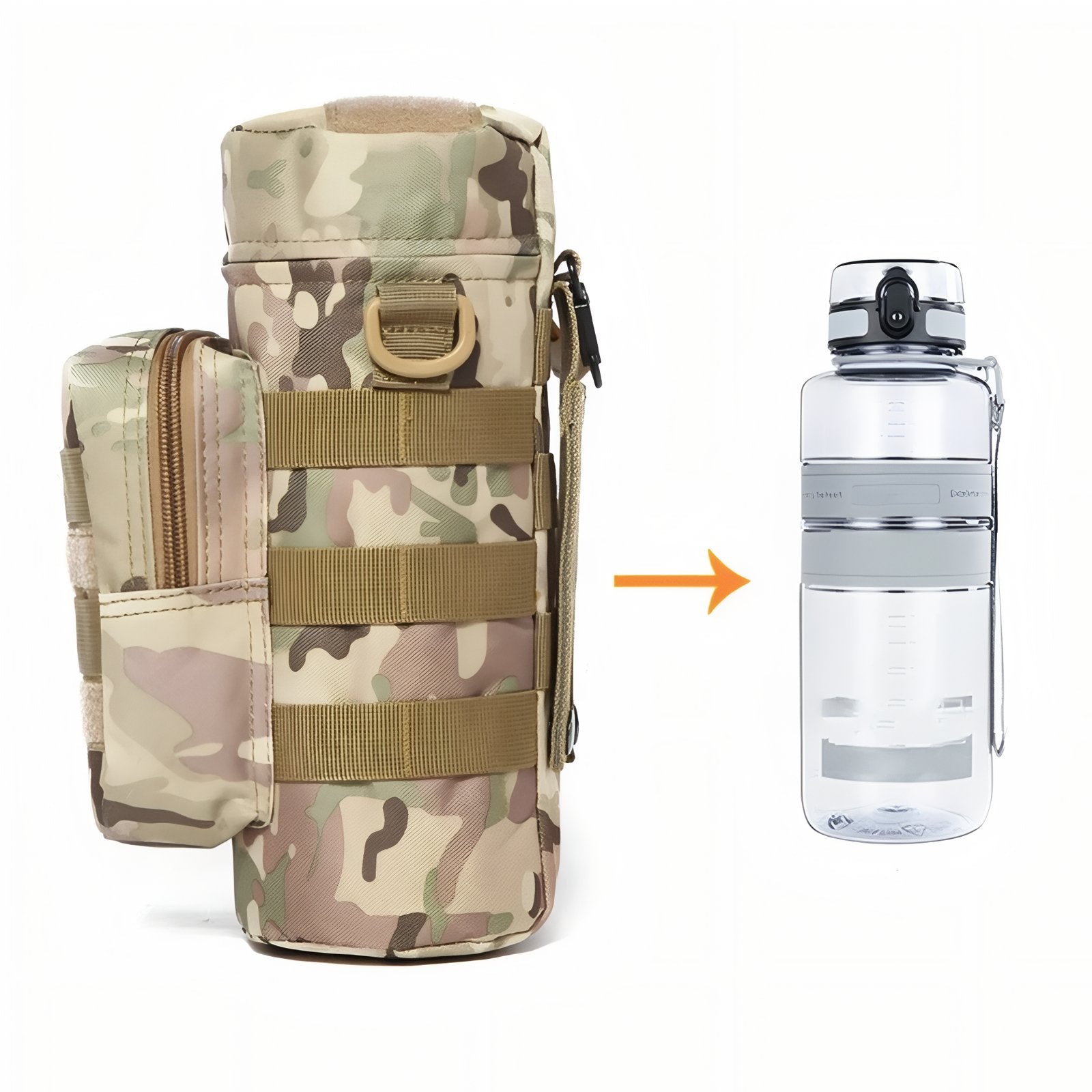 Porte Gourde Militaire compartiment ouvert - Beige Sable - Beige et Gris - Beige Camouflage - Vert Olive - Vert Camouflage - Noir
