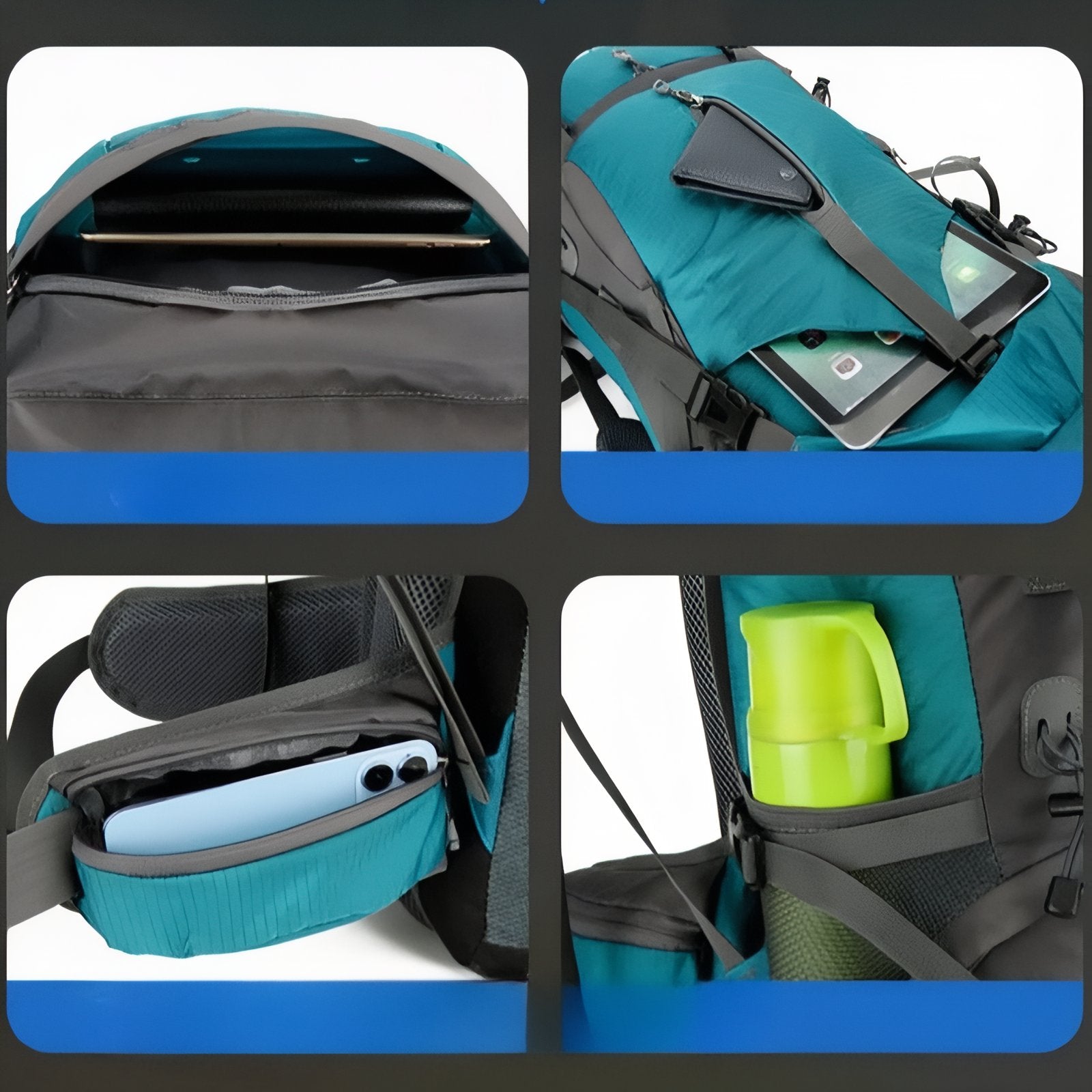 Sac à Dos Rando Avec Protection Pluie 70L compartiment ouvert - Turquoise et Noir - Bleu Marine et Gris - Orange et Gris - Noir et Orange
