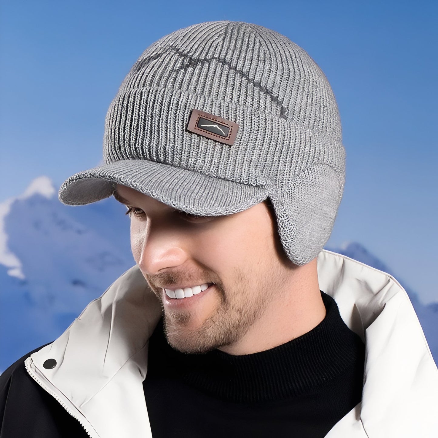 Bonnet Casquette Hiver Homme portée sur la tête - Gris Clair - Noir Ébène - Marron Clair - Bleu Marine - Beige Clair - Gris Foncé