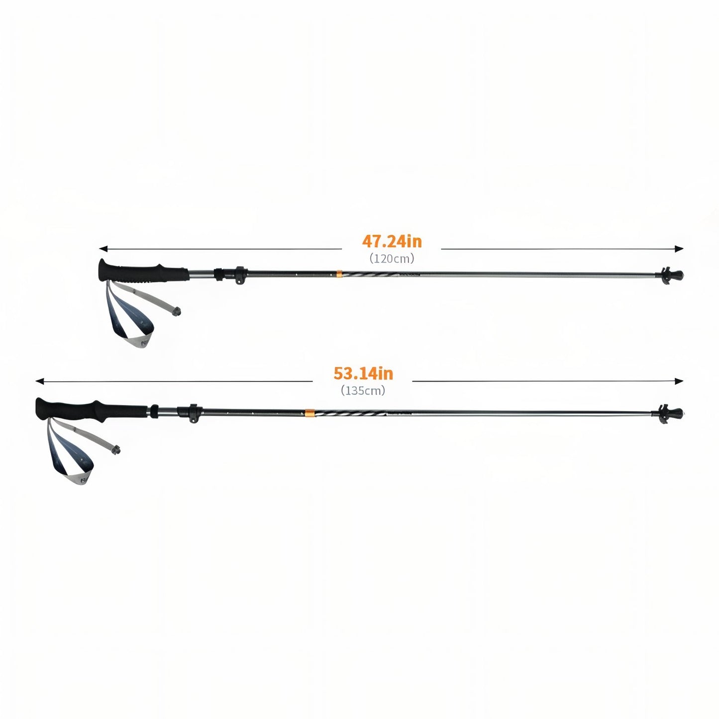 Bâton de Randonnée Pliable Carbone guide des dimensions - Noir - Gris
