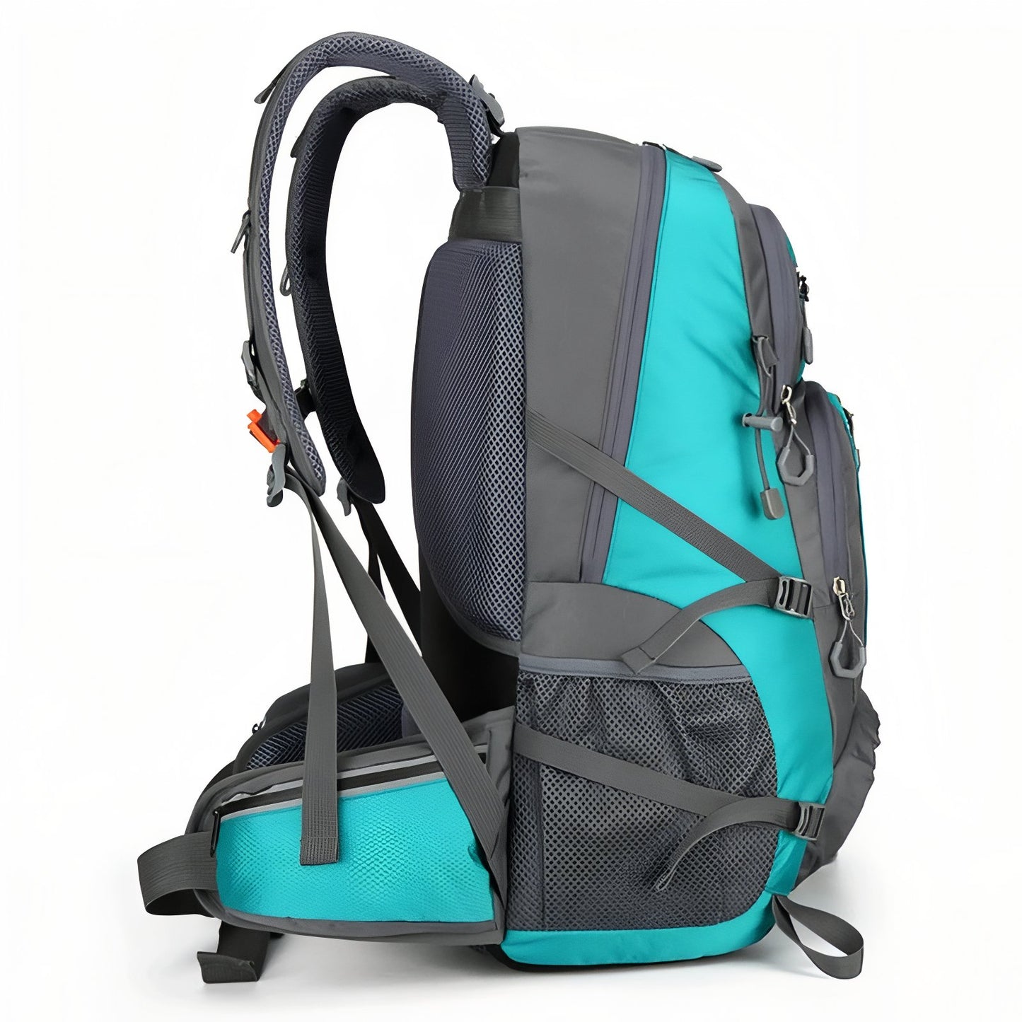Sac à Dos Randonnée Multi-Poches 55L profil latéral - Turquoise et Gris - Gris Foncé et Noir - Gris Foncé et Bleu Marine - Noir Profond - Orange et Gris