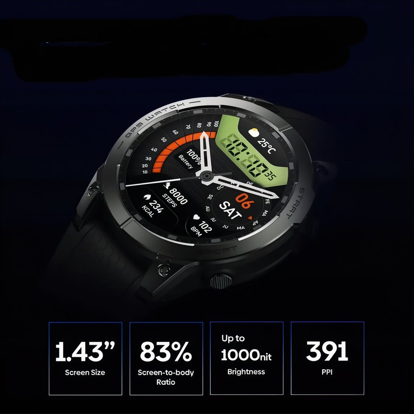 Montre Connectée GPS Randonnée gros plan cadran montre - Noir et Vert - Bleu Marine