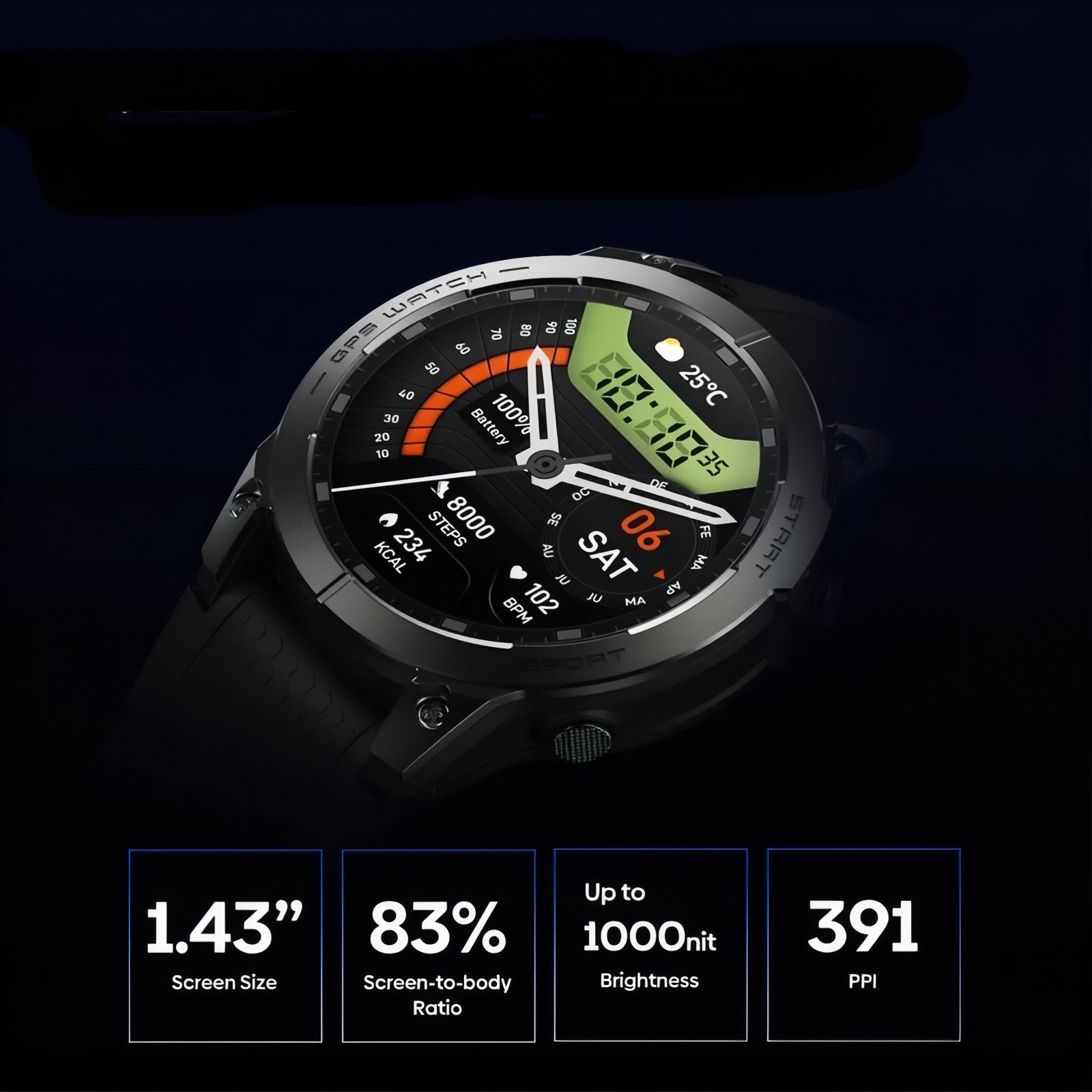 Montre Connectée GPS Randonnée gros plan cadran montre - Noir et Vert - Bleu Marine