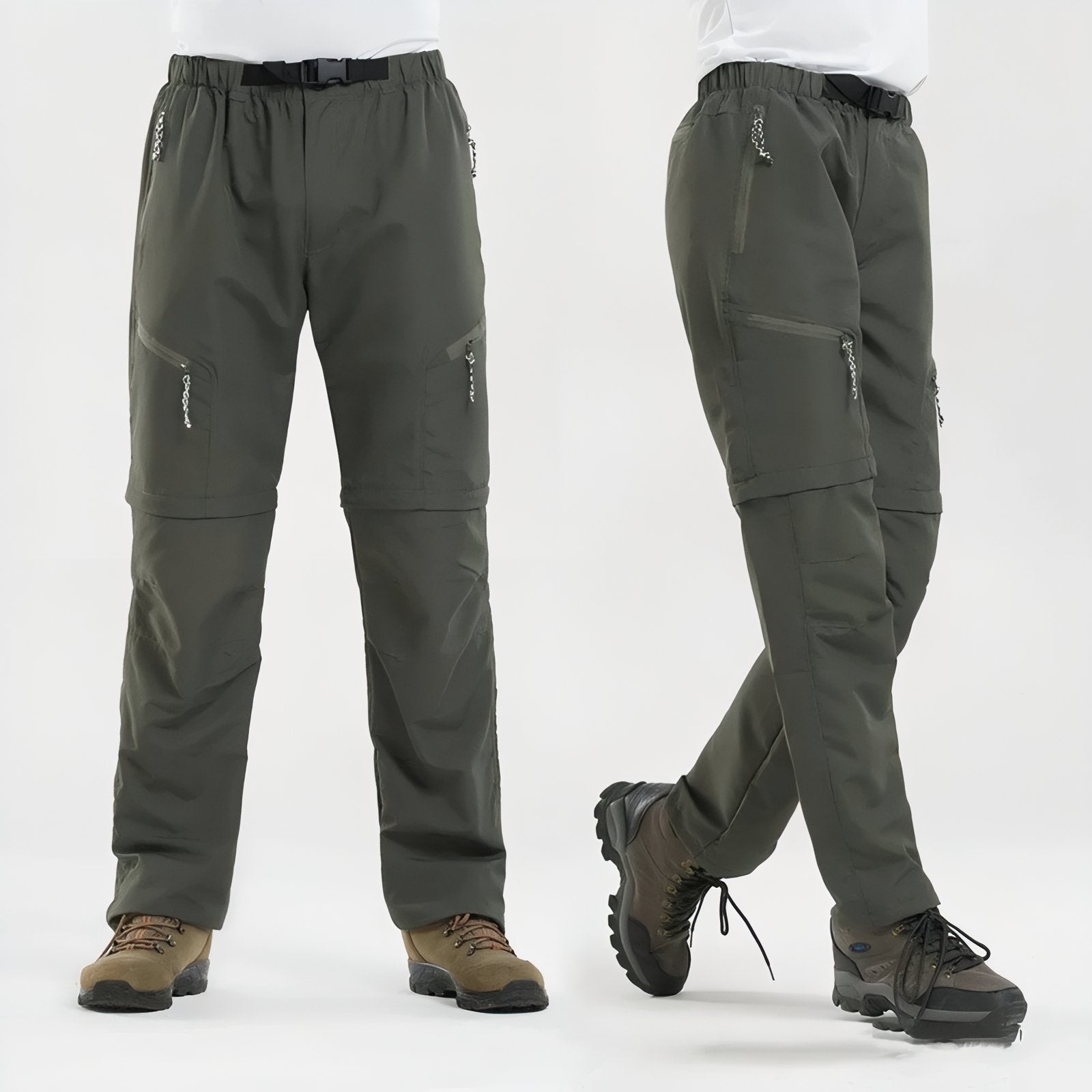 Pantalon Modulable Randonnée portée sur mannequin - Noir - Vert Olive - Gris Foncé