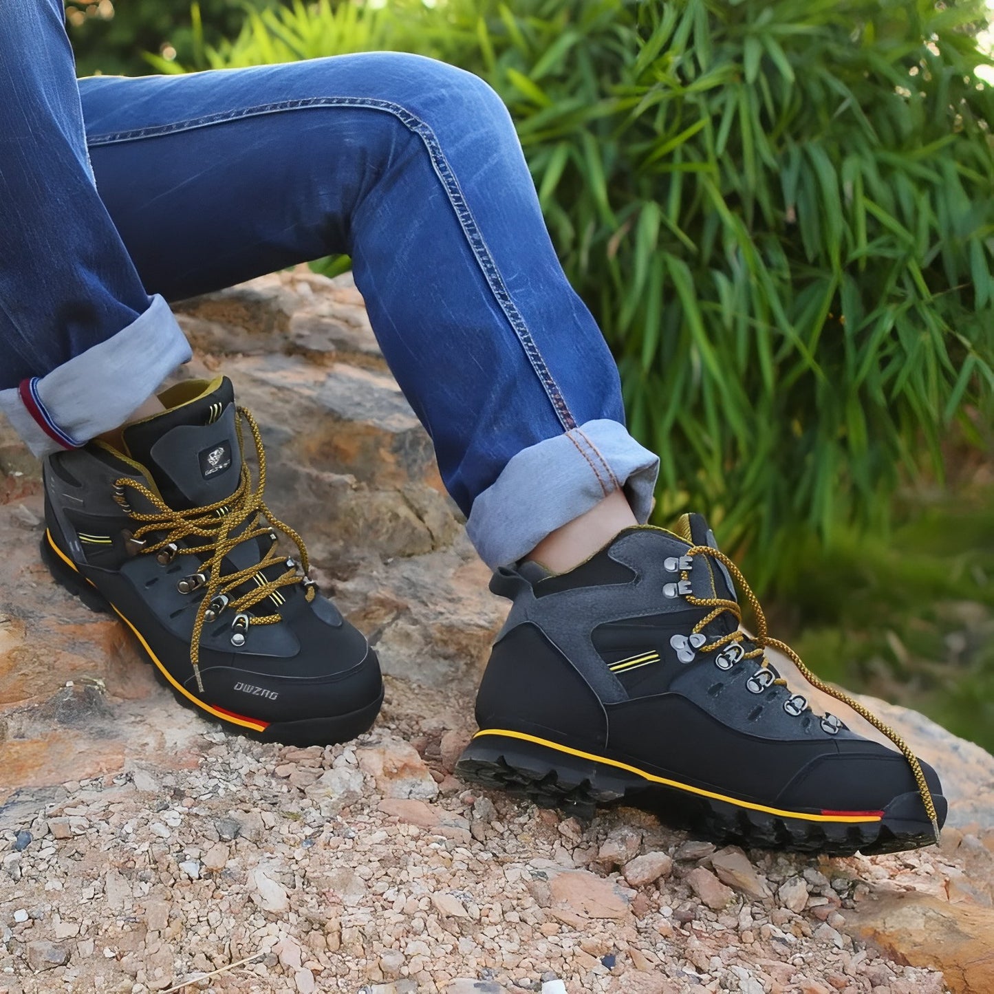 Chaussure Randonnée Montagne Homme portée sur terrain rocheux - Noir et Orange - Bleu Marine et Gris - Gris et Rouge