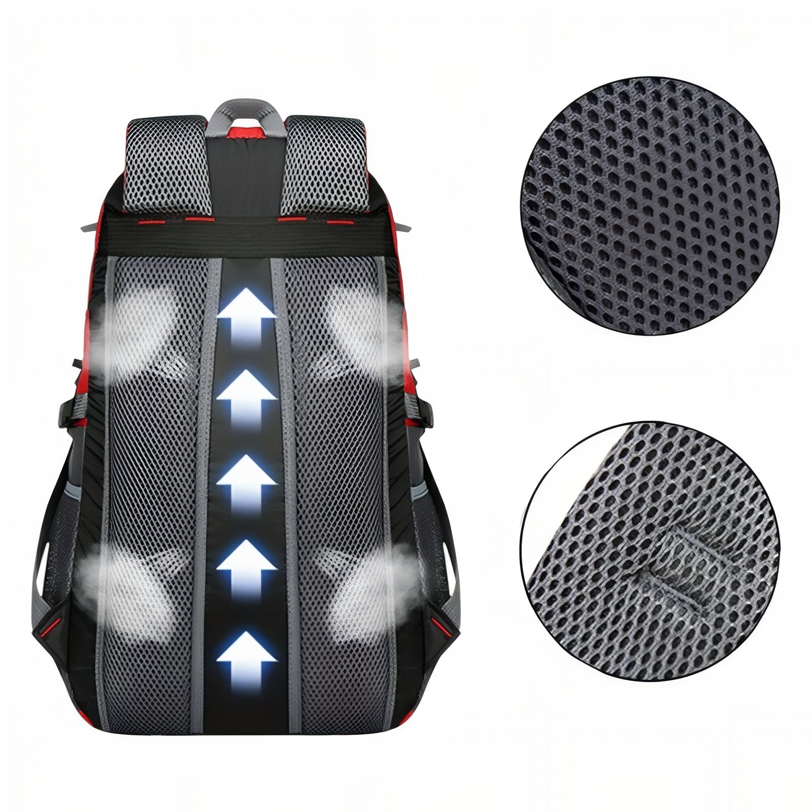 Sac Pratique Pour Randonnée 35L gros plan matière respirante - Rouge - Vert Fluo - Orange - Noir