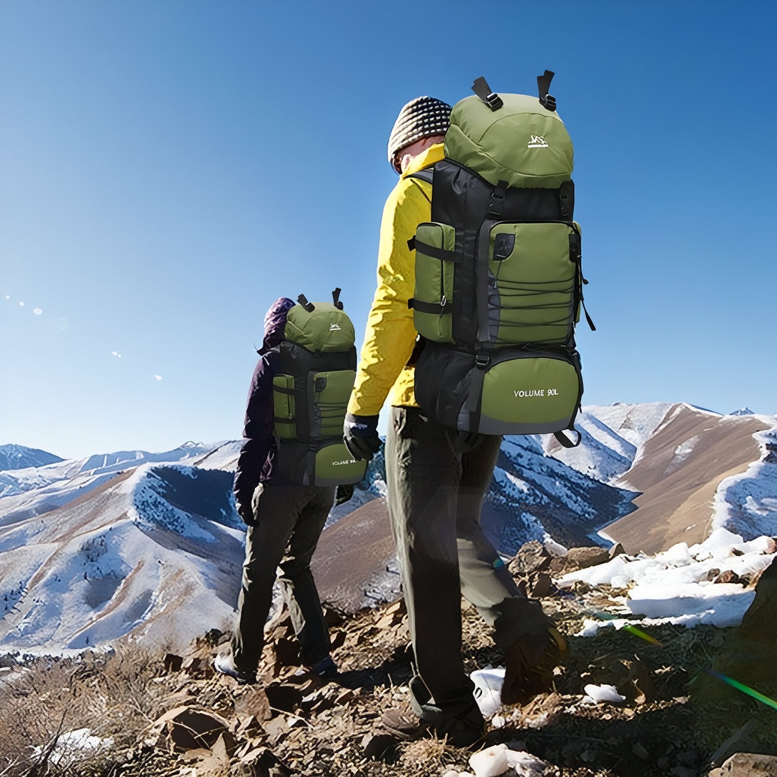 Sac de Randonnée Homme 90 Litres deux randonneurs en montagne - Vert - Bleu Marine - Noir - Bleu Ciel
