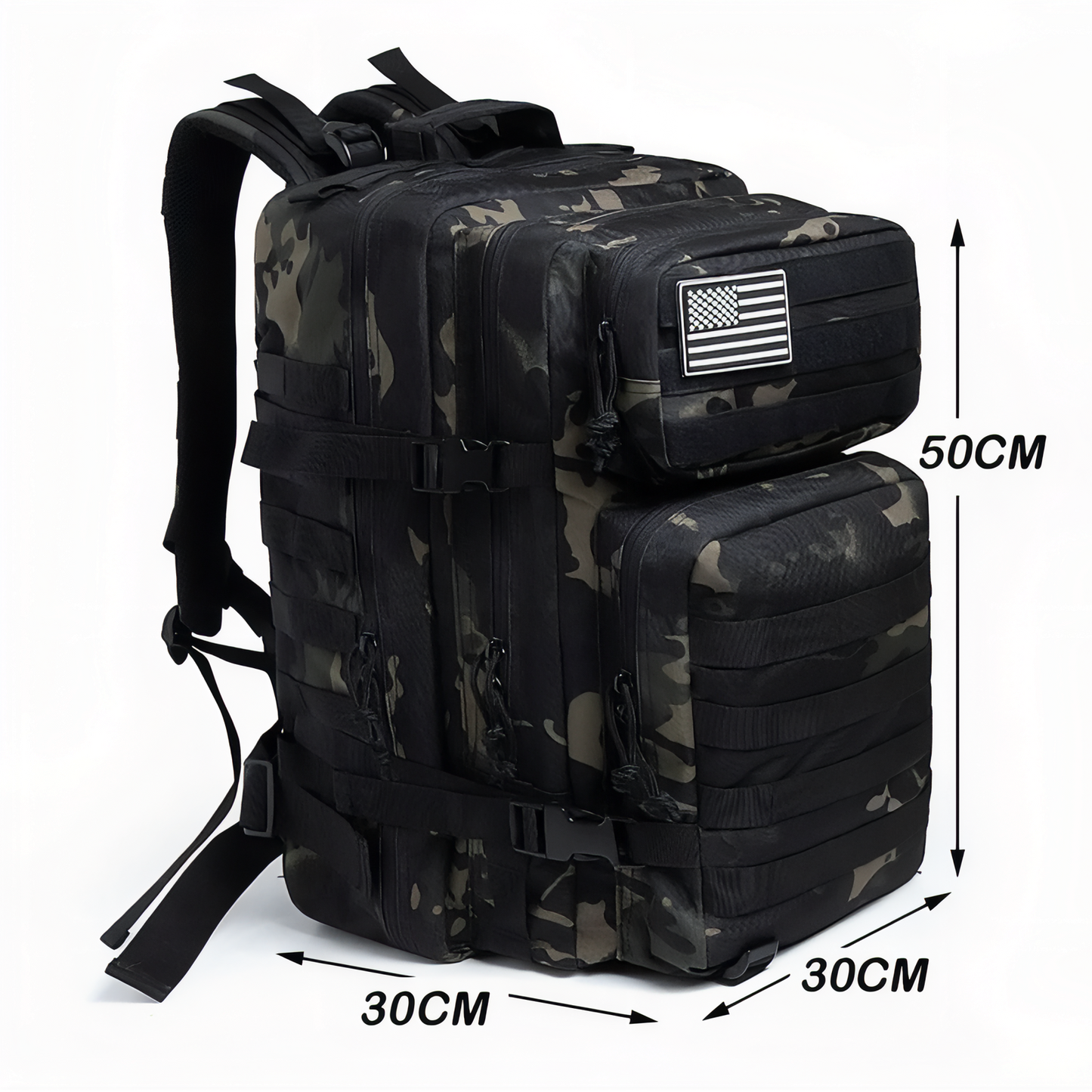 Sac à Dos Camouflage 45L guide des dimensions - Noir et Gris - Gris et Beige - Vert Olive et Beige - Noir - Marron et Vert Forêt - Marron Beige