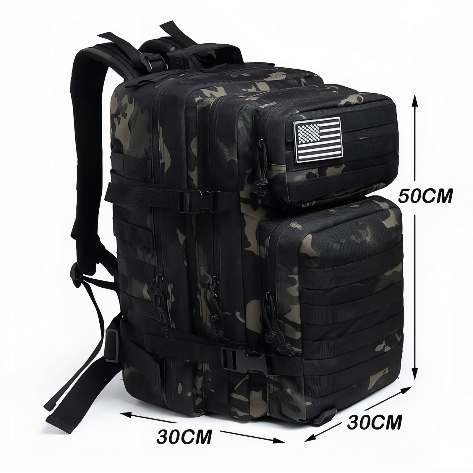 Sac à Dos Camouflage 45L guide des dimensions - Noir et Gris - Gris et Beige - Vert Olive et Beige - Noir - Marron et Vert Forêt - Marron Beige