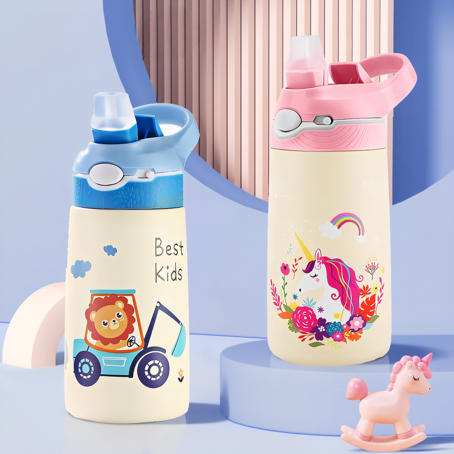 Gourde Enfant Lion 400ML deux gourdes alignées - Bleu Ciel et Crème