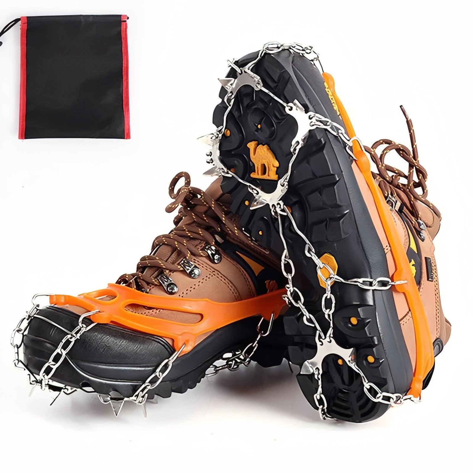 Crampons Pour Randonnée Hiver 10 Dents mise en situation chaussures - Orange