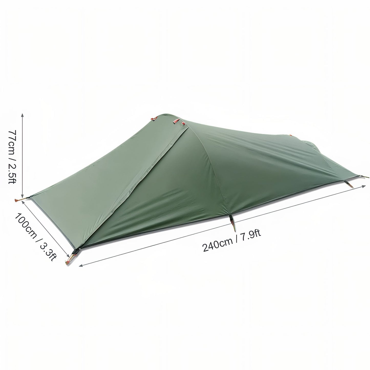 Tente Bivouac Légère 1 Personne guide des dimensions - Vert Olive - Beige Sable - Tapis de Sol